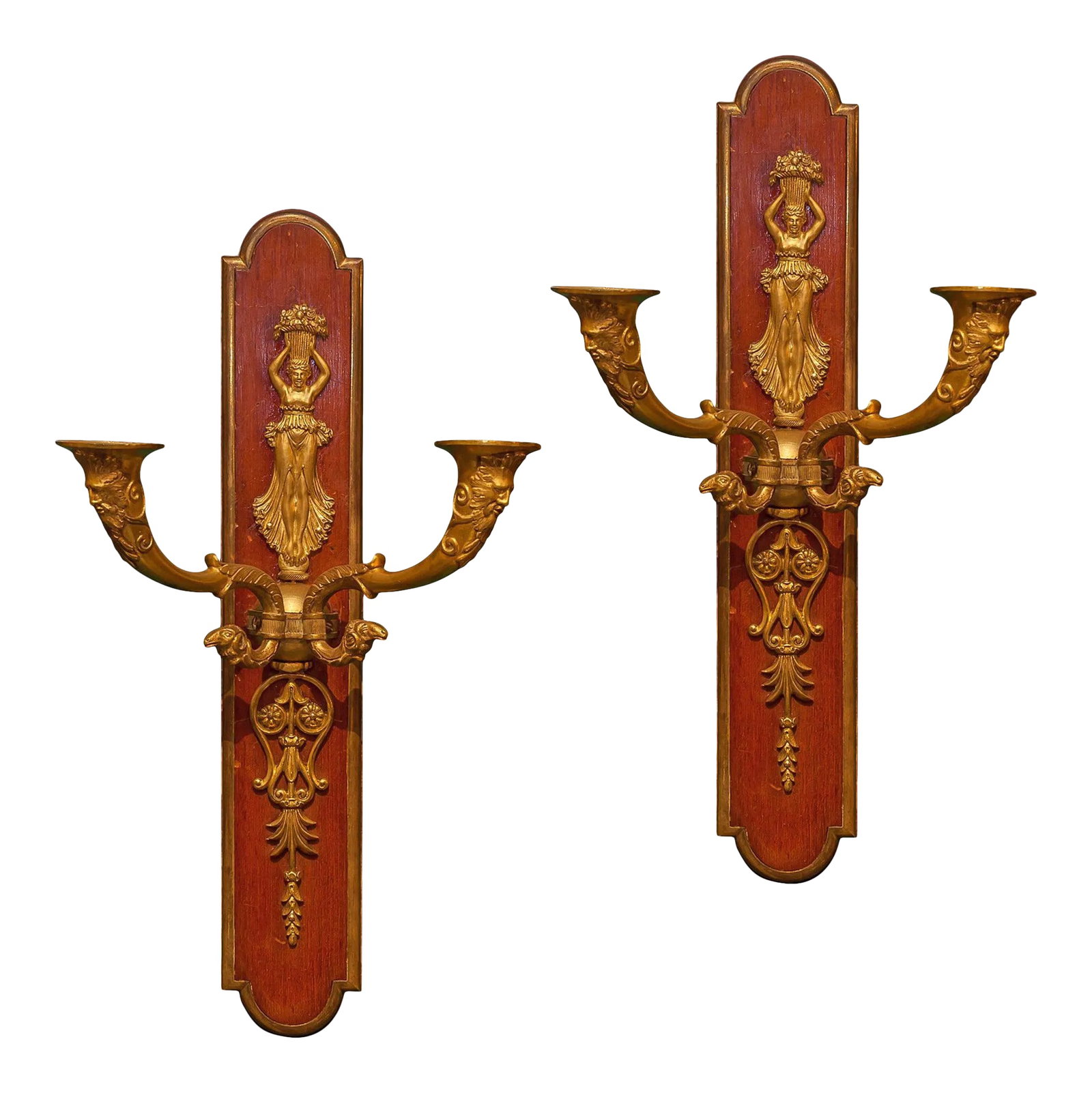 Antique French Gilt Bronze Two-Arm Wall Light Sconces - A Pair: Antique pair of French Gilt Bronze Two-Arm Wall Light Sconces with wood back plates Condition: Alterations: Unknown Imperfections: Some Imperfections Condition Notes: Good Wear consistent with age