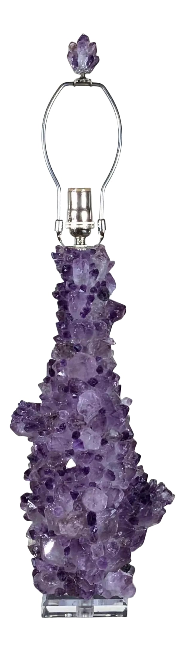 Amethyst Rock Crystal Table Lamp: Stunning crystal table lamps, made from Genuine amethyst rock crystal in the, professionally mounted by the artist on beveled Lucit base. Crome hardware with 3 way light socket. Amethyst top lamp