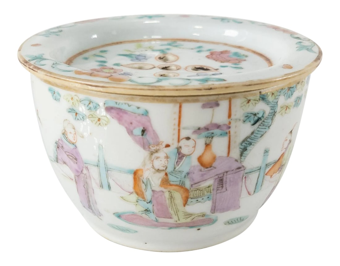 Late 19th Century Chinese Famille Rose Porcelain Cricket Cage Bowl: We are selling this well decorated Chinese Famille rose bowl. This bowl is decorated with a scene of scholars in a landscape in famille rose palette and marked on the base with what appears to be a
