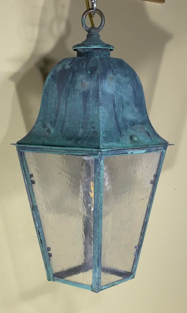 Single Small Vintage Solid Brass Hanging Lantern- 17"h X 7".5 X 7".5 - 10