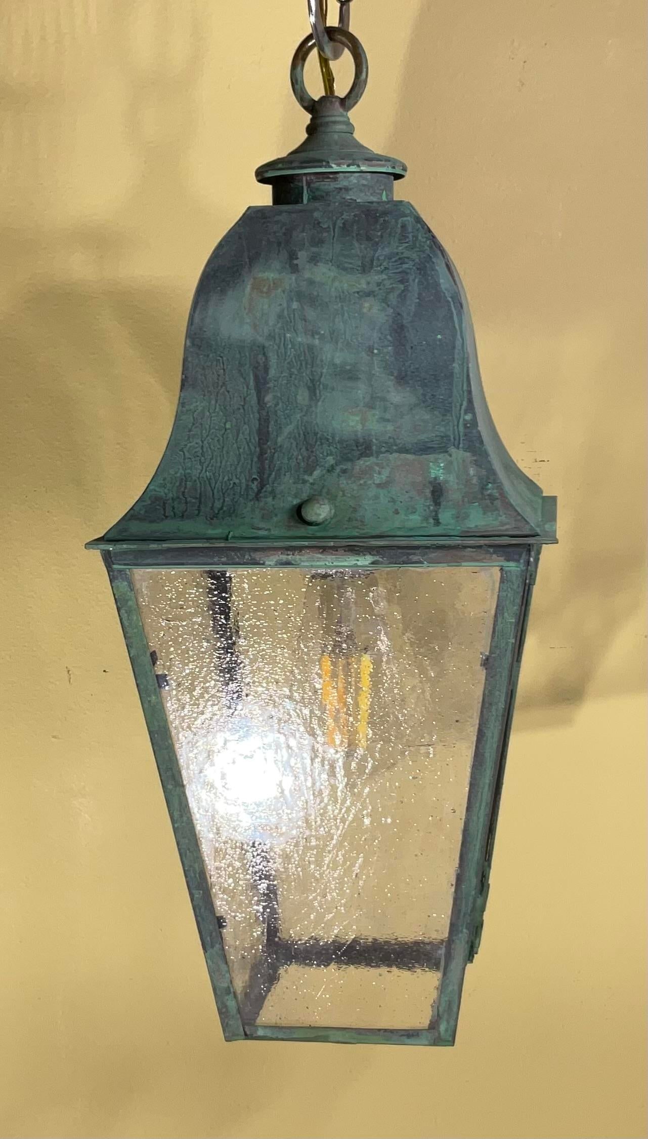 Single Small Vintage Solid Brass Hanging Lantern- 17"h X 7".5 X 7".5 - 11