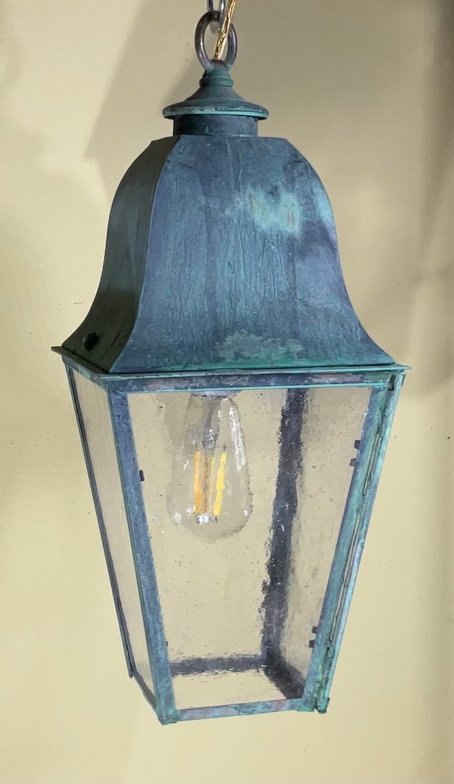 Single Small Vintage Solid Brass Hanging Lantern- 17"h X 7".5 X 7".5 - 2