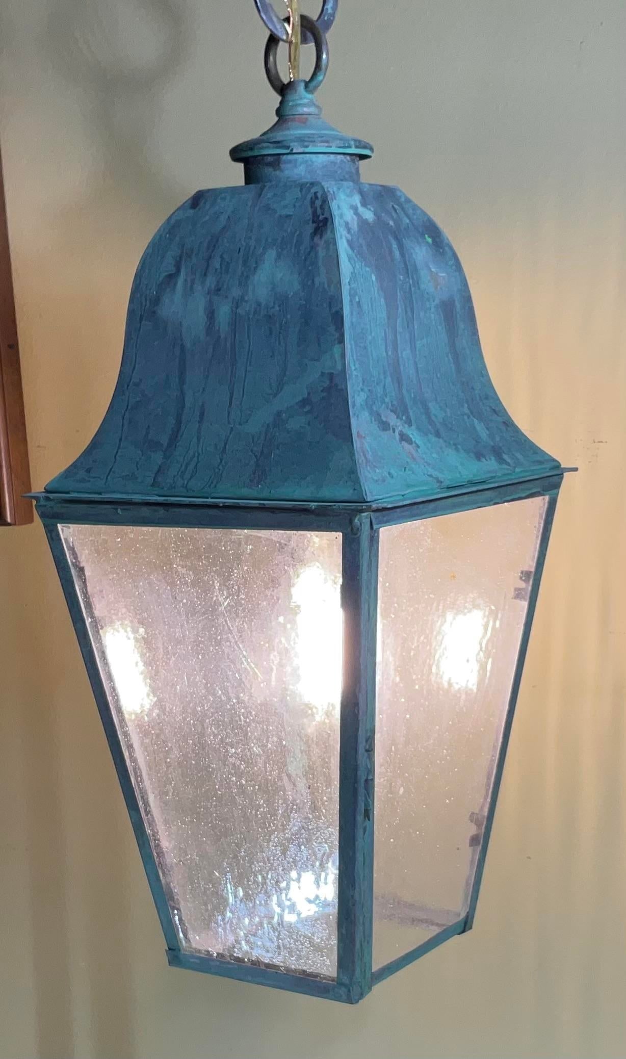 Single Small Vintage Solid Brass Hanging Lantern- 17"h X 7".5 X 7".5 - 6