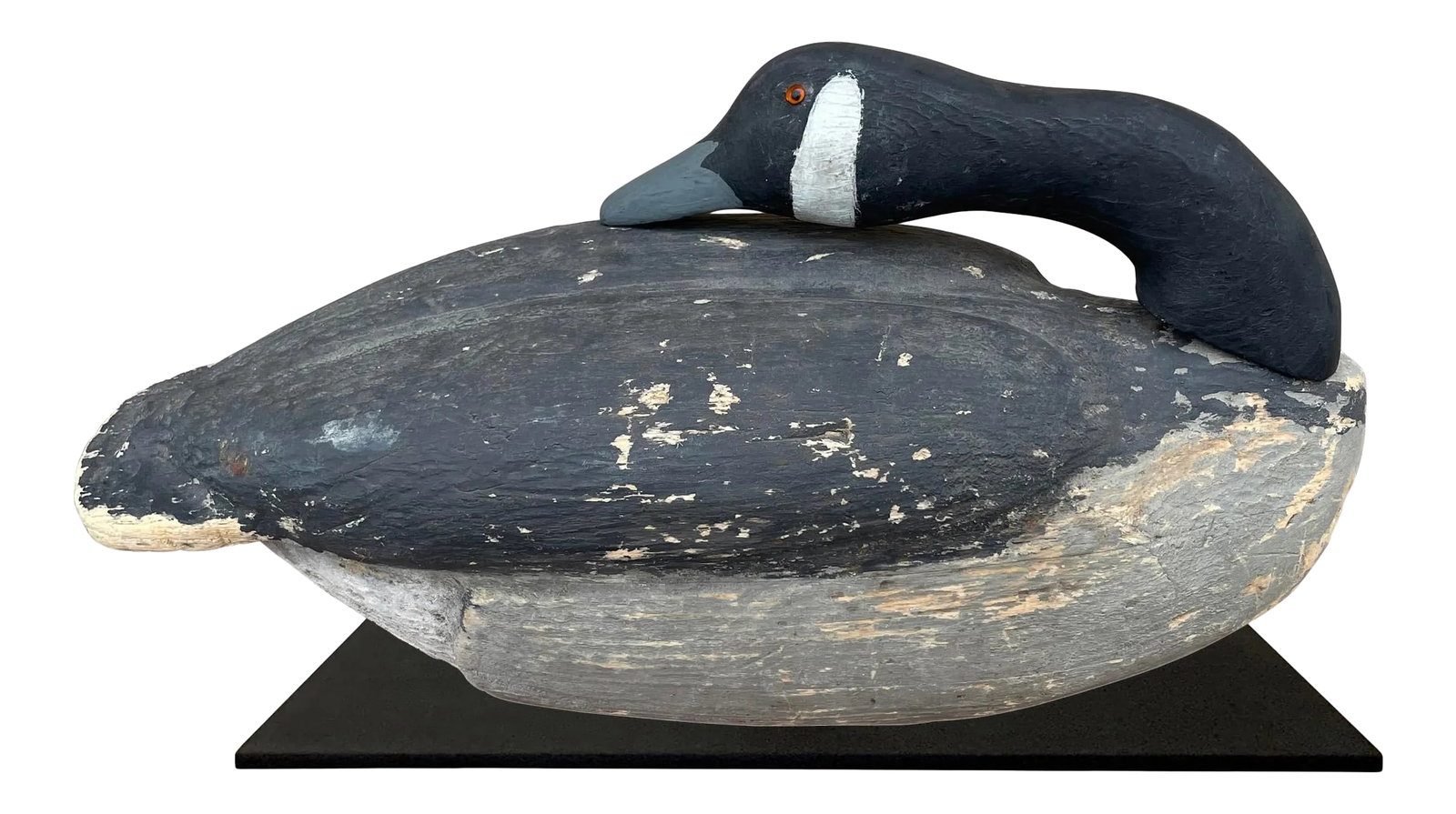 20th Century Sleeping Canada Goose Decoy: A beautiful 20th century American life-size sleeping Canada Goose decoy with its original paint, a removable head and neck, and glass eyes, on a custom steel mount. Condition: Alterations: Original