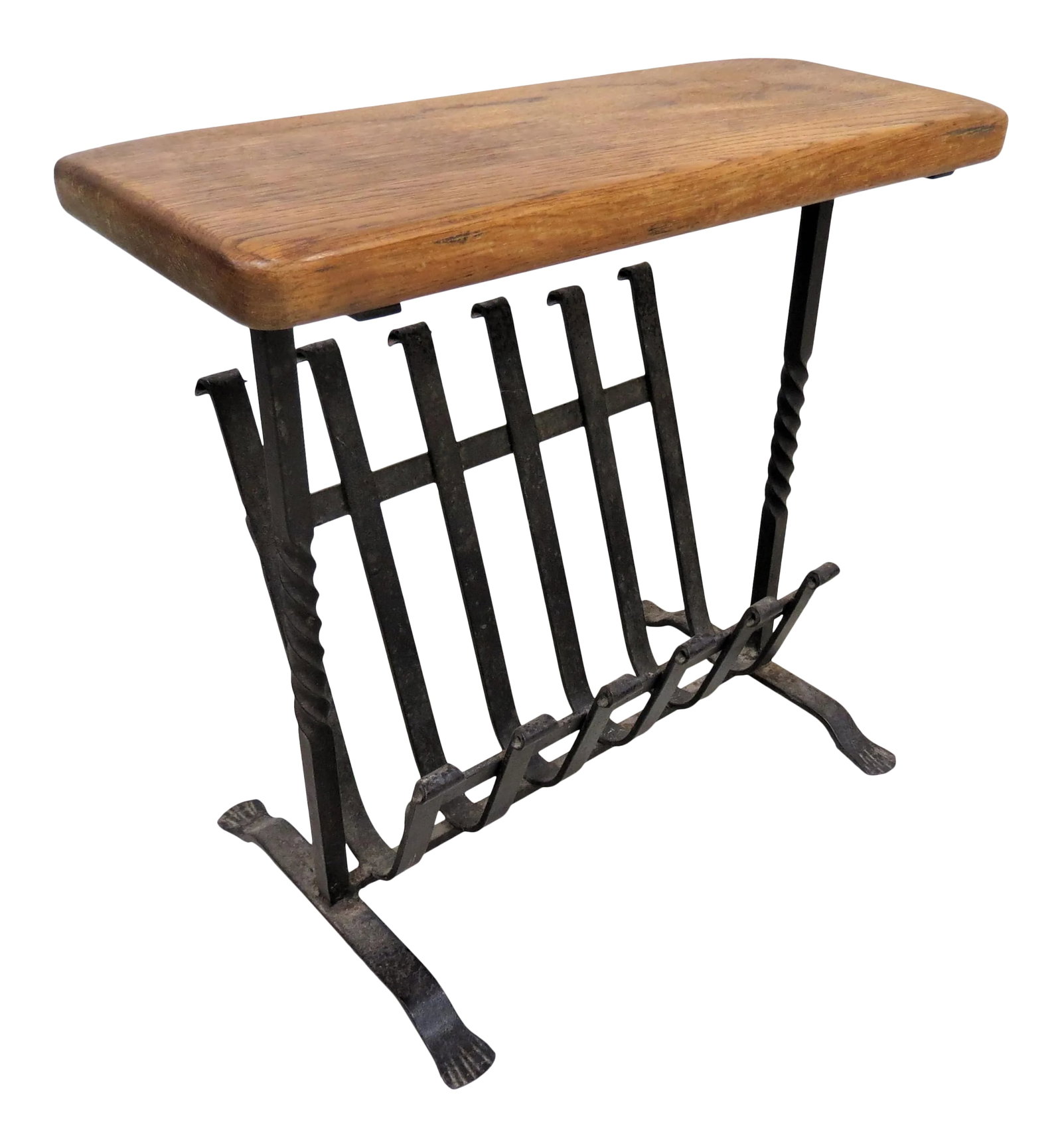 Vintage English Oak Wood and Iron Magazine Rack: This great little magazine rack was imported from England. It features a sturdy iron back with a solid oak top. It's great for magazines, newspapers, or even just keeping your iPad or other tablet by