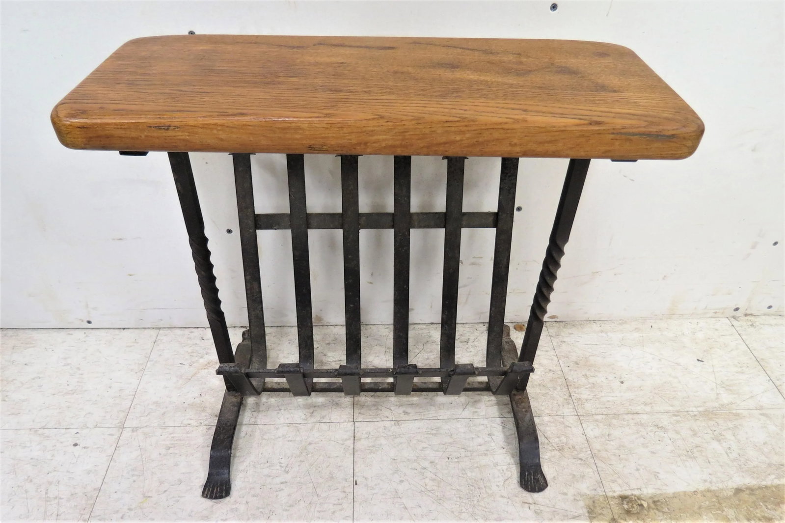 Vintage English Oak Wood and Iron Magazine Rack - 2