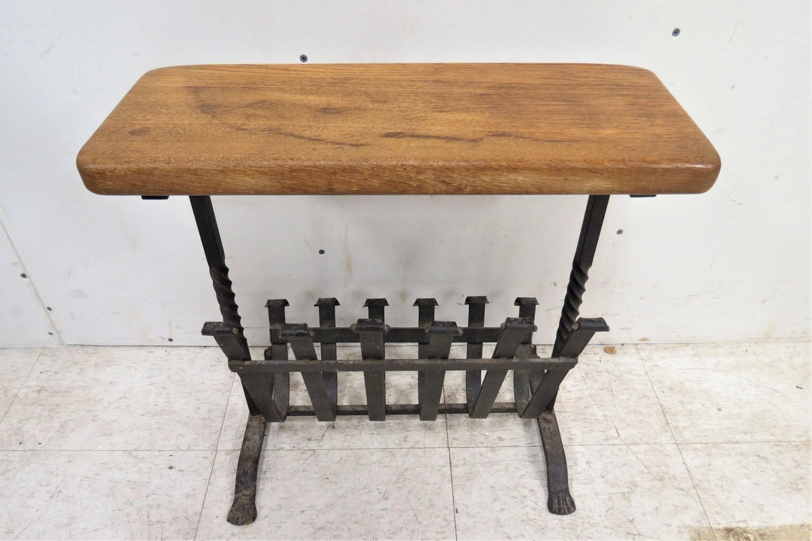 Vintage English Oak Wood and Iron Magazine Rack - 3