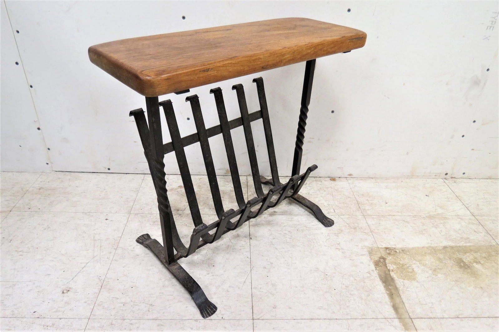 Vintage English Oak Wood and Iron Magazine Rack - 7