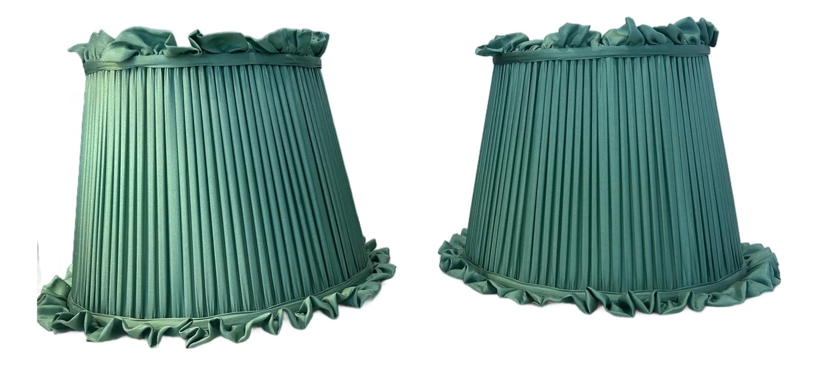 Pair of Vintage Pleated Green Silk Lampshades With Ruffled Trim: New pleated silk lampshades. The rich green satin exterior features fine vertical pleating and playful ruffled trim along the top and bottom edges. A look that bridges traditional and whimsical