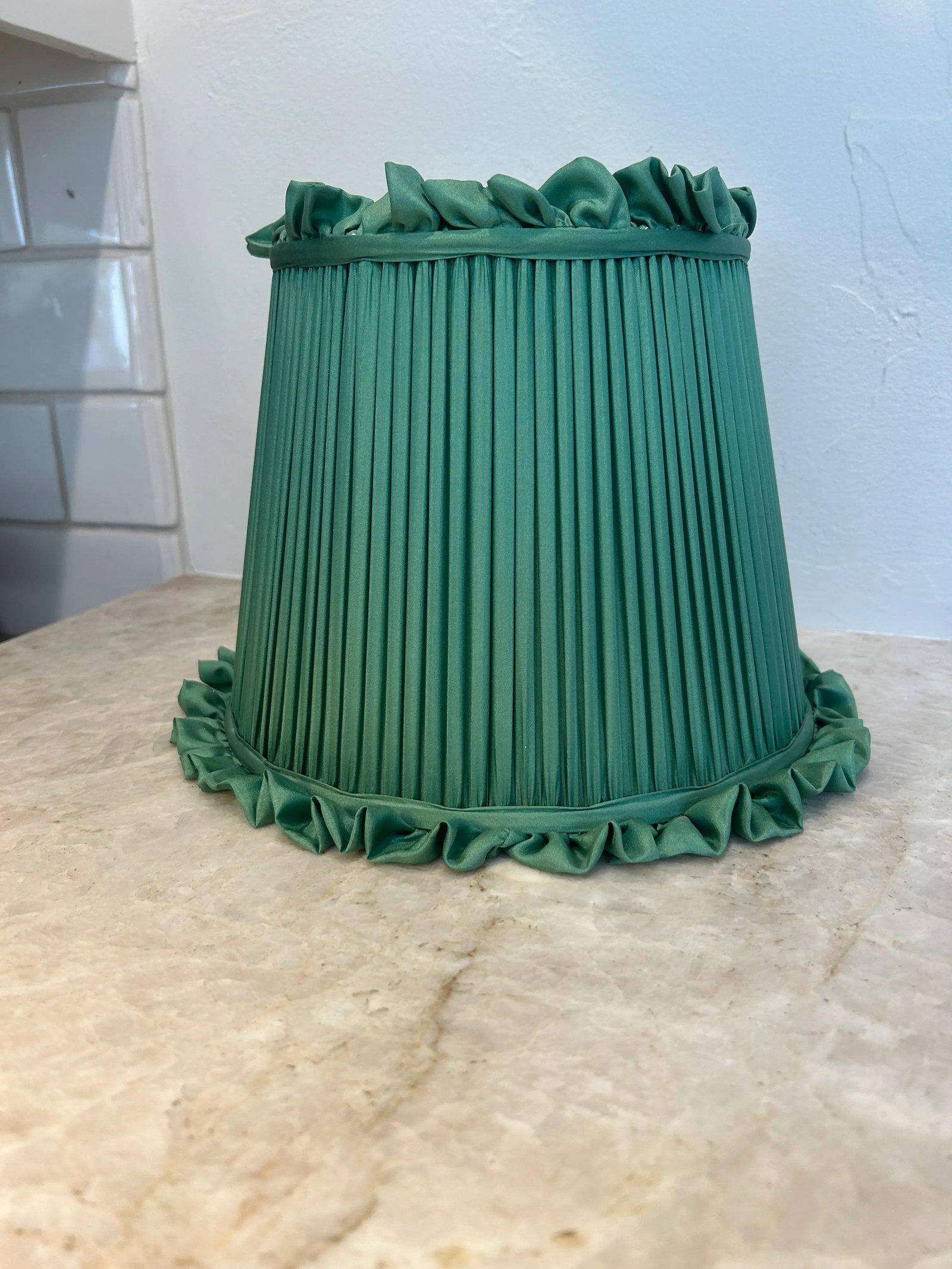 Pair of Vintage Pleated Green Silk Lampshades With Ruffled Trim - 2