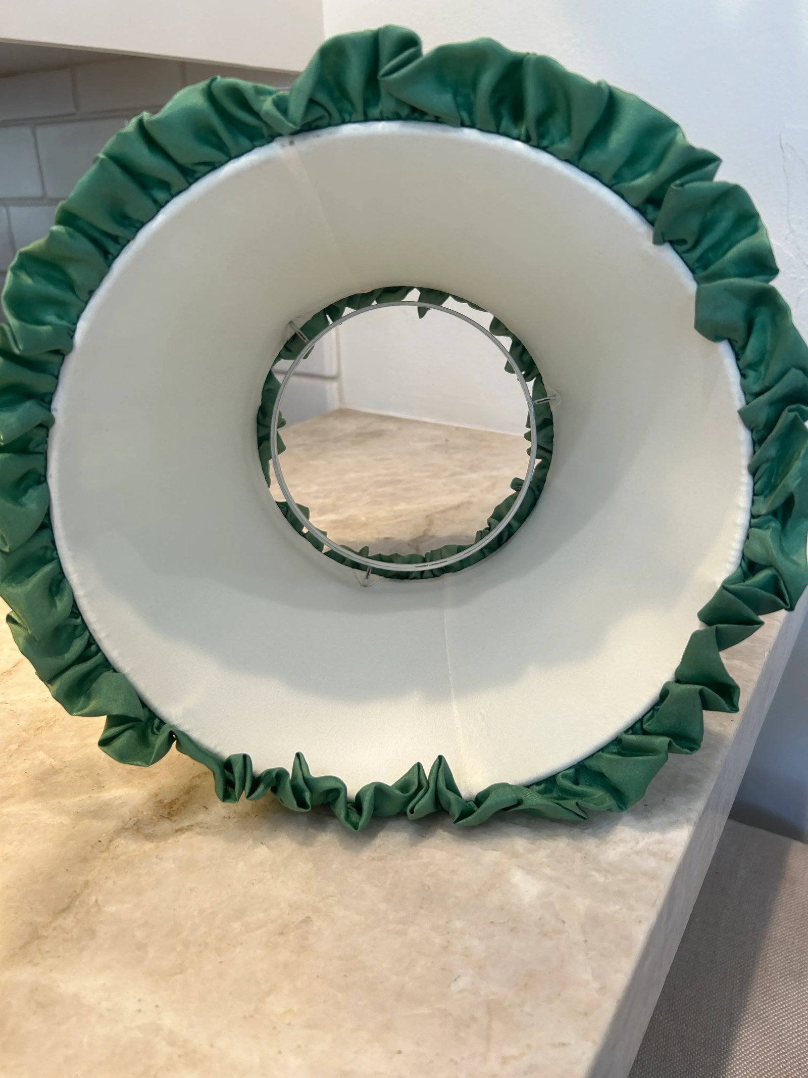 Pair of Vintage Pleated Green Silk Lampshades With Ruffled Trim - 3