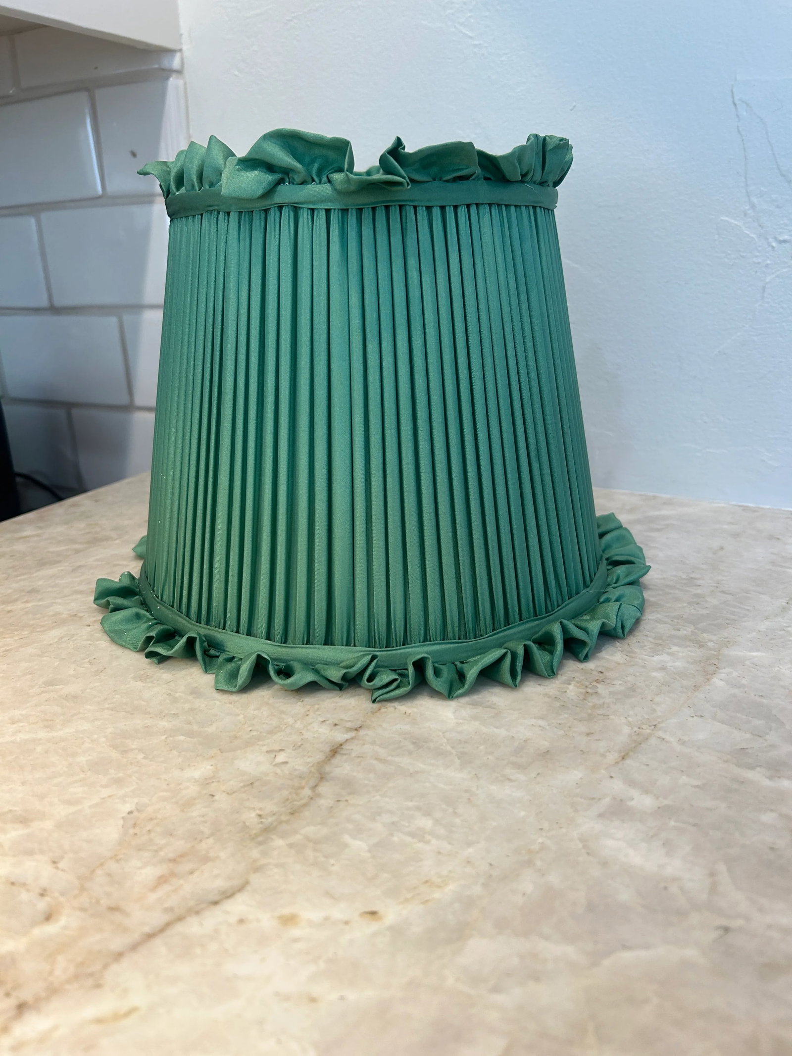 Pair of Vintage Pleated Green Silk Lampshades With Ruffled Trim - 4