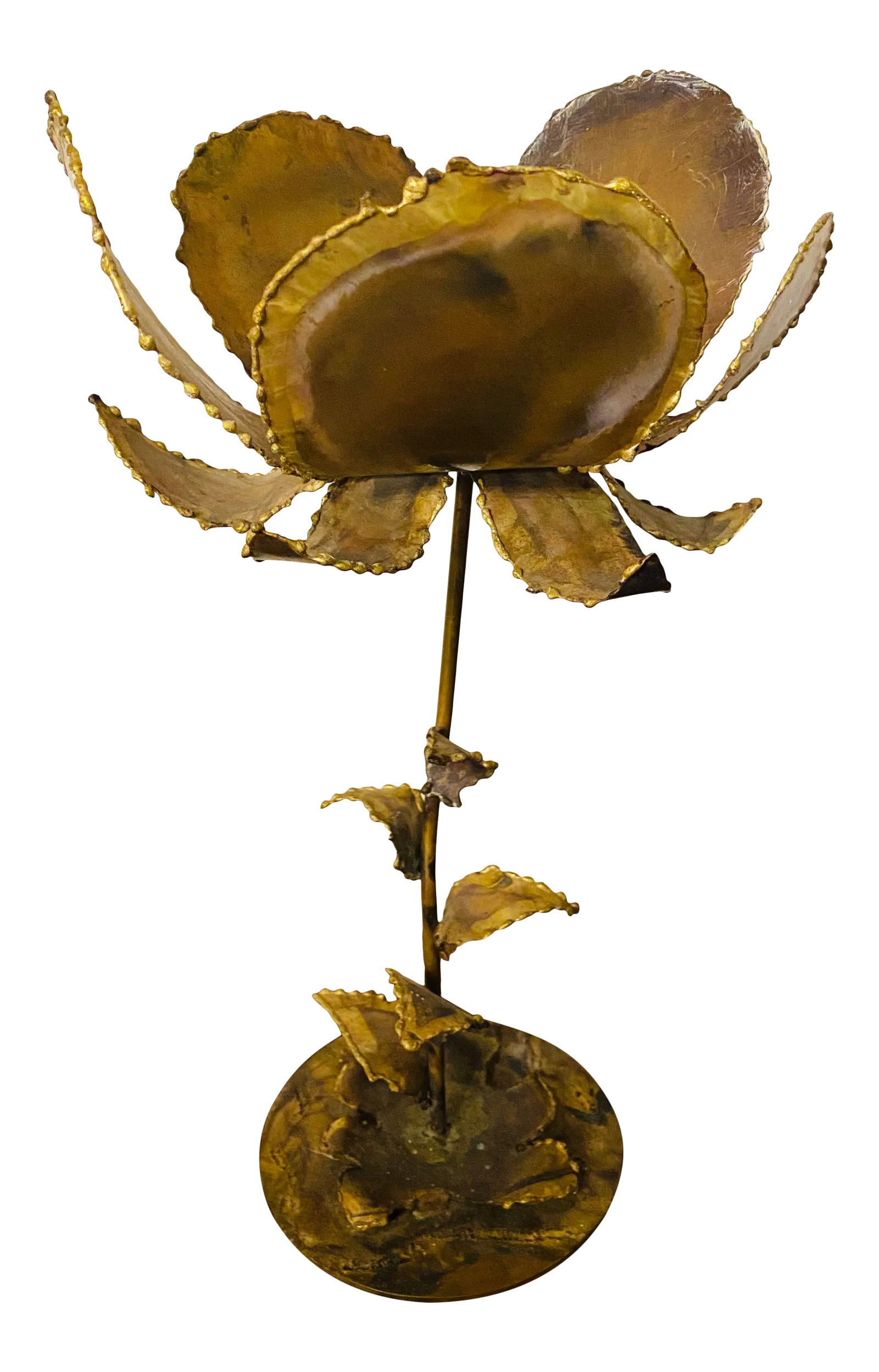Vintage Mid-Century Friedle Style Torch Cut Floral Sculpture: Truely striking mid century brutalist torch cut singular large flower on metal base in the style of William and Bruce Friedle. The proportions and patina really set this sculpture apart from most I ha