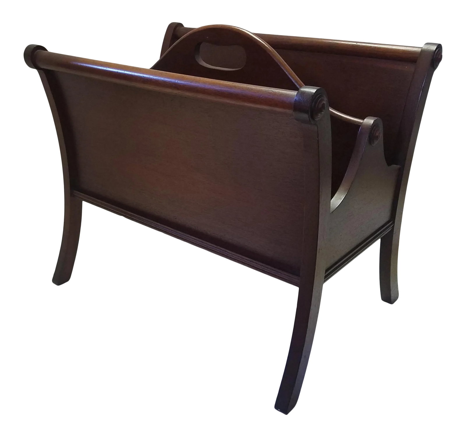 Vintage Mahogany Magazine Holder: Solid Mahogany Magazine Stand. From the Columbia Manufacturing Co. See Makers Marks and labels located on the bottom of the Stand. Simple design and graceful lines can blend into any interior style