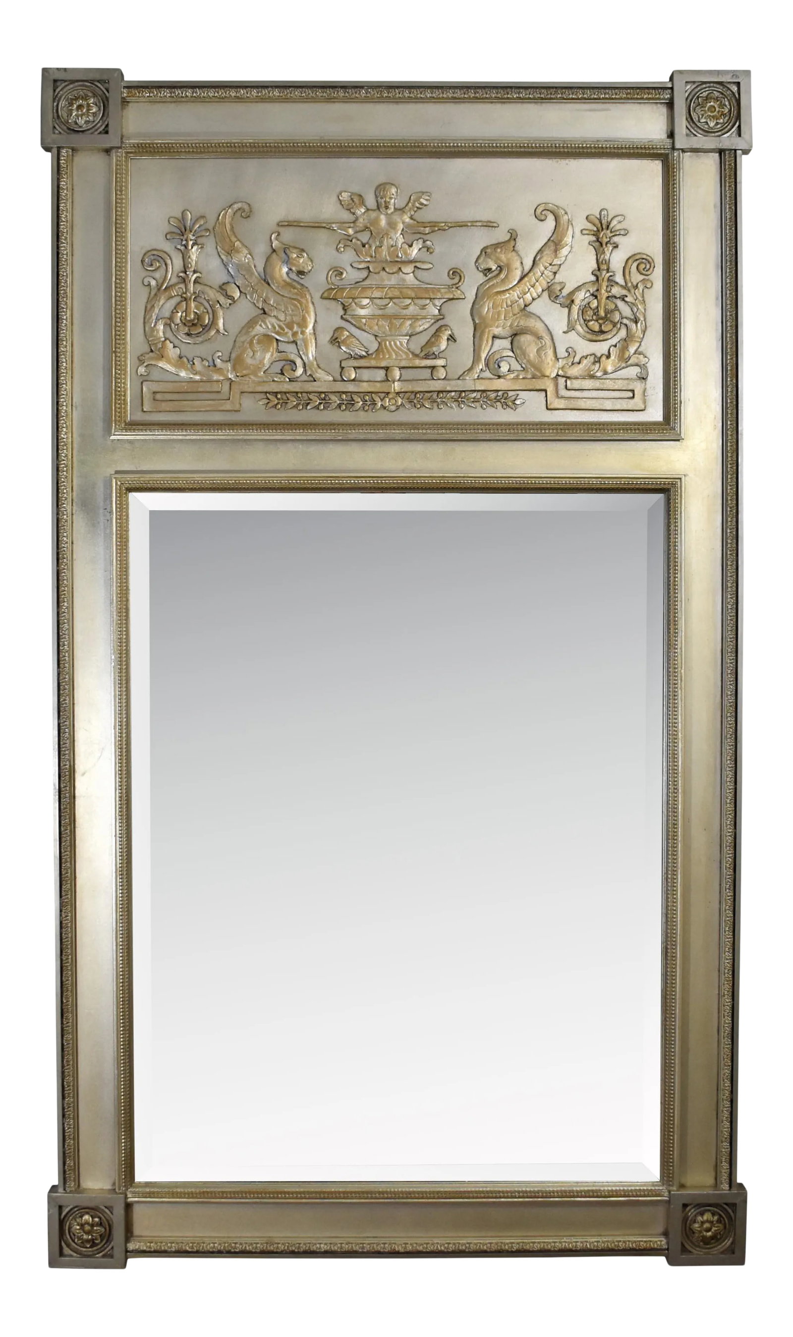 Early 20th Century Greek Neoclassical Style Gold and Silver Giltwood Trumeau Mirror (1 of 8)