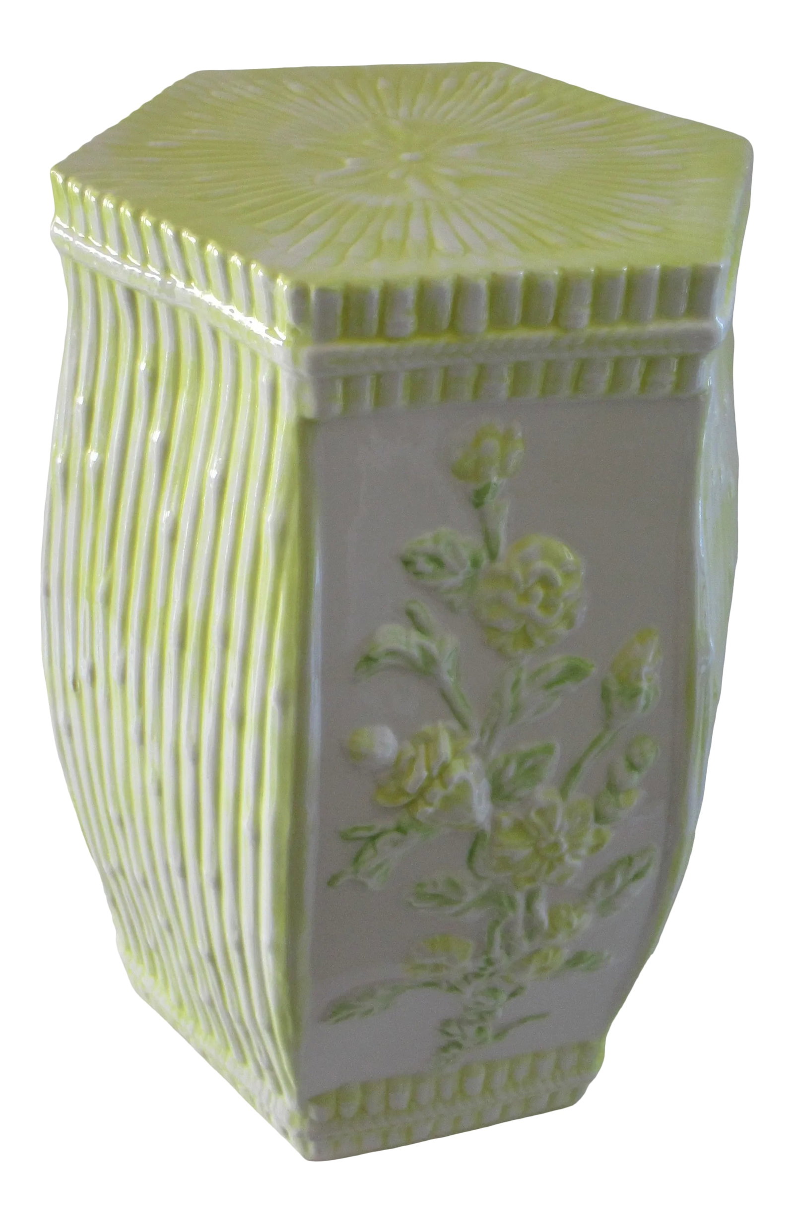 1960's Palm Beach Chic Italian Yellow Ceramic Faux Bamboo Garden Stool: Vintage Mid Century hexagonal faux bamboo garden seat in sunny, tropical yellow on a white ceramic ground, with subtle green leaf accents. Alternating faux bamboo and floral motif panels create this s