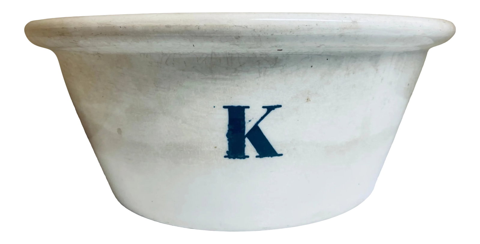 Mid 19th Century Victorian White Ironstone K Bowl: Antique English large white ironstone "K" bowl. Circa mid-to-late 19th century. This is an excellent example of a Victorian-era, general purpose white kitchenware bowl, that was produced at a time