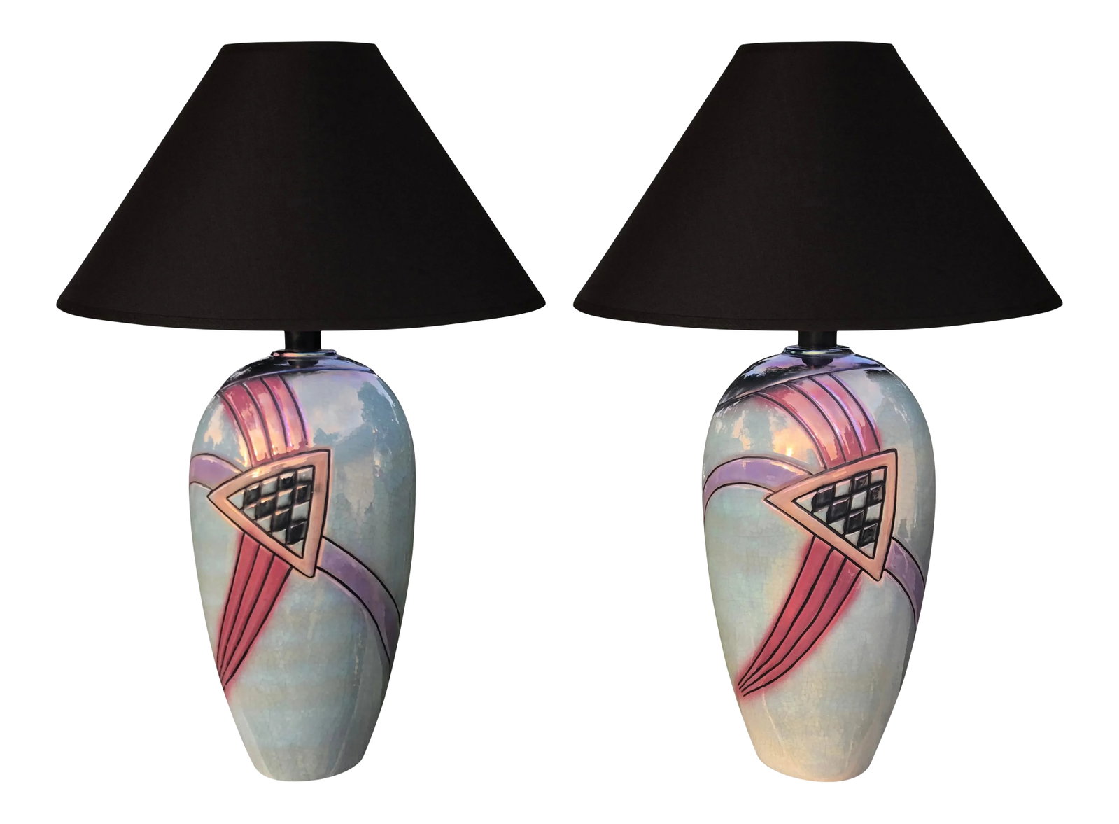 Vintage 1980s Art Deco Lamps from Harris Lamps - a Pair: Vintage 80's Art Deco lamps from Harris Lamps. Iridescent Art Deco style lamps, aqua blue crackled porcelain with pink and purple geometric designs. Can use a three way bulb. Lamp shades are not