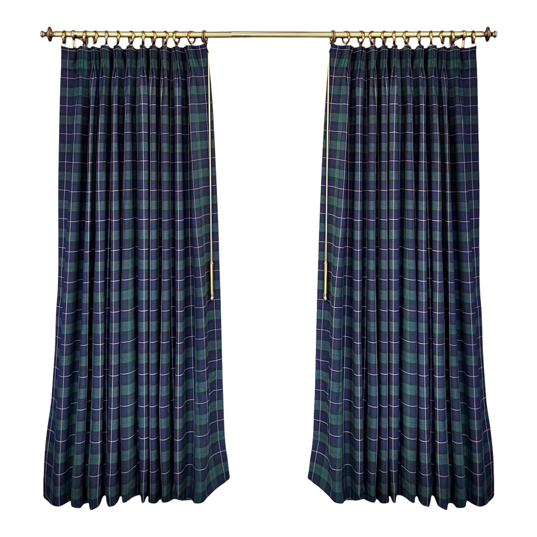 Tartan Plaid Wool Blend Two-Width Curtain Panels With Aged Brass Pole - A Pair: A pair of custom made two-width curtain panels in Ralph Lauren style wool-blend tartan plaid; each lined and interlined, and having a double pinch pleat - 10 each. Rich in pattern and color, the face