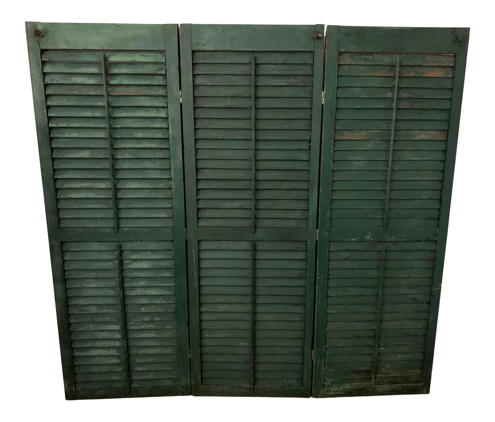 Antique Farmhouse Shutters Room Divider: Antique shutters were sourced from a farmhouse in Pennsylvania in the 1970s and then sealed with hinges added, originally to be used in a NYC studio apartment. The shutters themselves are circa mid to