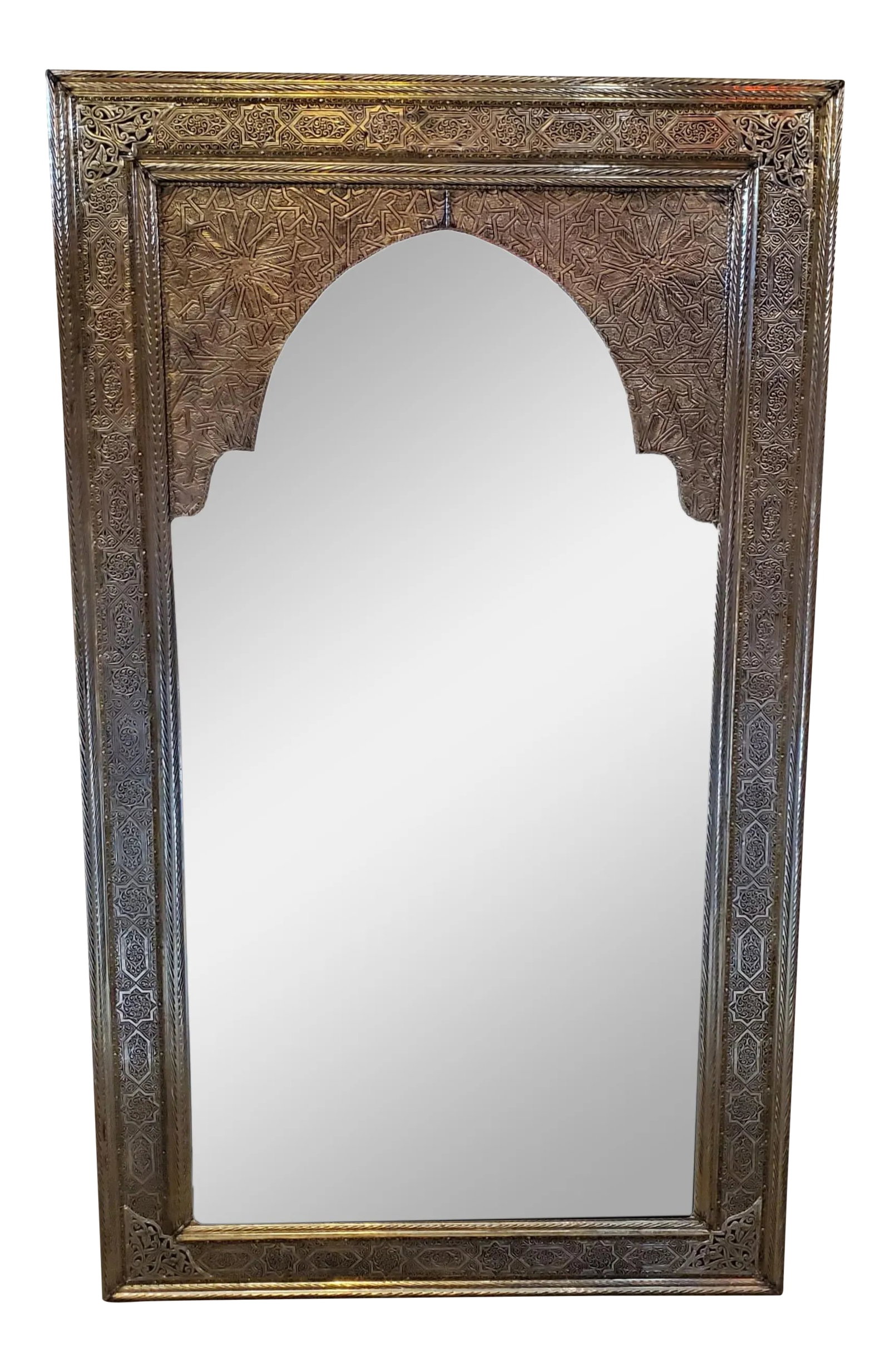 Balet Moroccan Marrakech Metal Inlaid Mirror: Large size metal inlaid Moroccan mirror. Made in the city of Marrakech. Rectangular shape measuring approximately 39" x 25.5". A great amount of inlaid metal on a sturdy wooden cedar frame. Truly