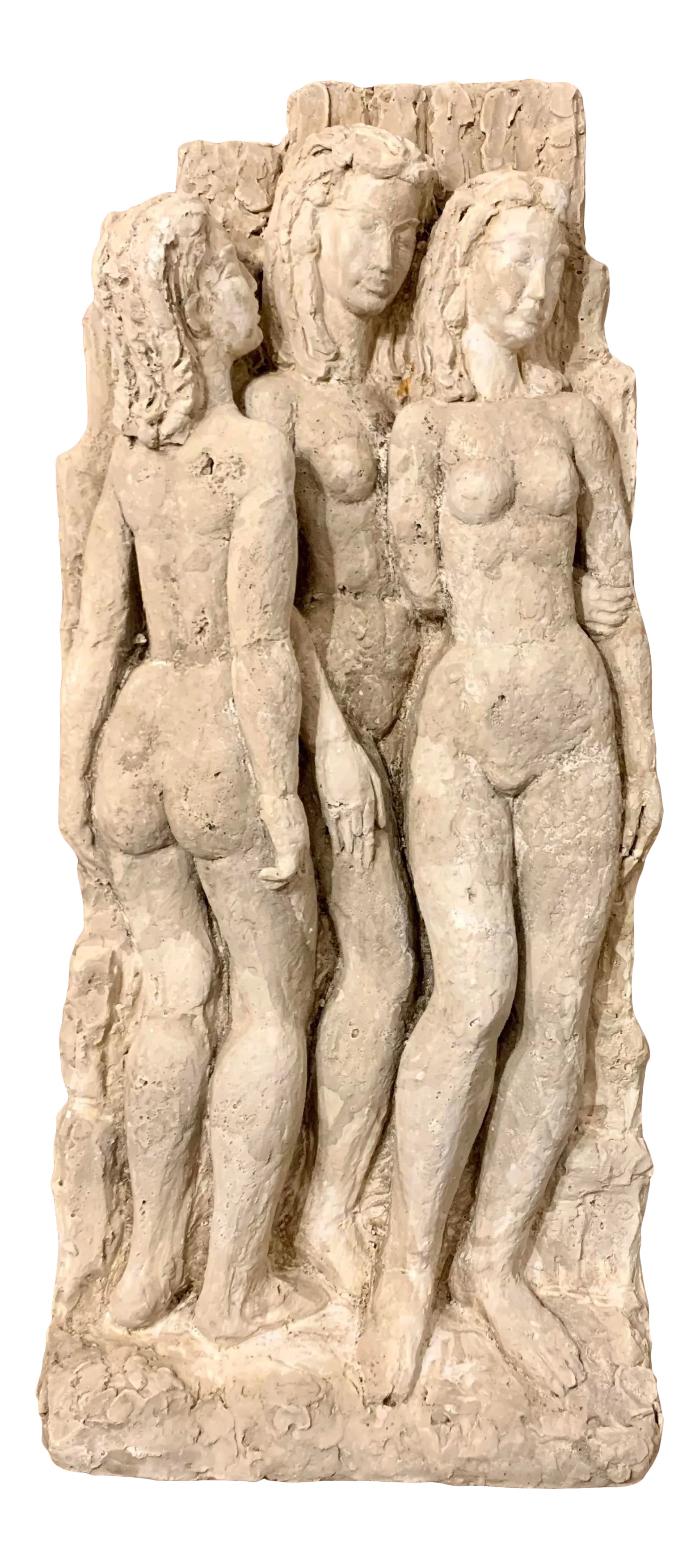 Vintage Wall Sculpture of Three Graces Charities, Signed: This is a beautiful large Vintage sculpture wall art of the Three Graces. Signed and dated right edge. Very heavy piece. Charites, known in Greek mythology as The Three Graces, goddesses of such