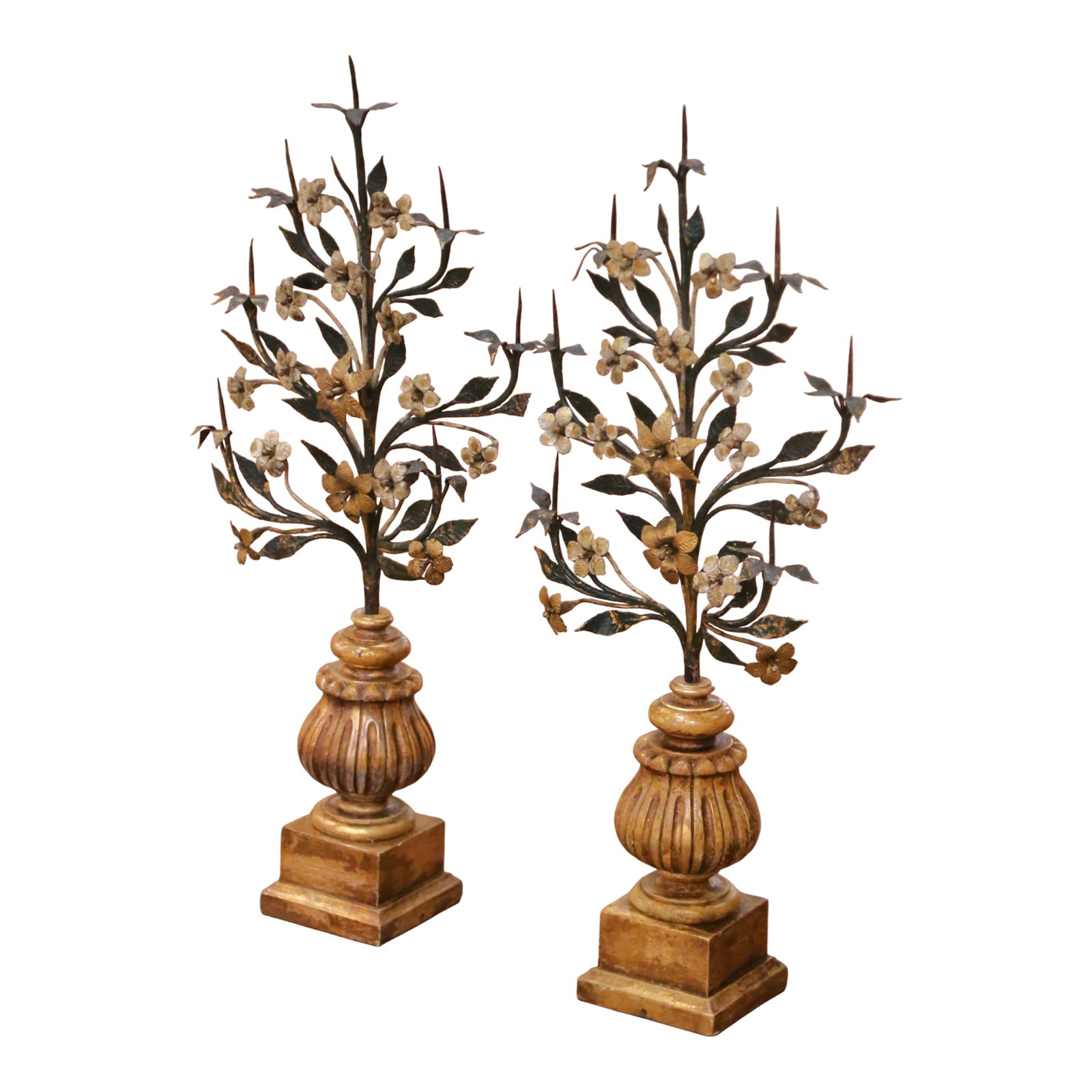 Pair of Mid-Century Italian Giltwood and Wrought Iron Pricket Candle Holders: This elegant pair of antique Italian pricket candle holders was crafted circa 1950 and features a striking combination of hand-forged wrought iron and carved giltwood bases. Each sculptural form rises