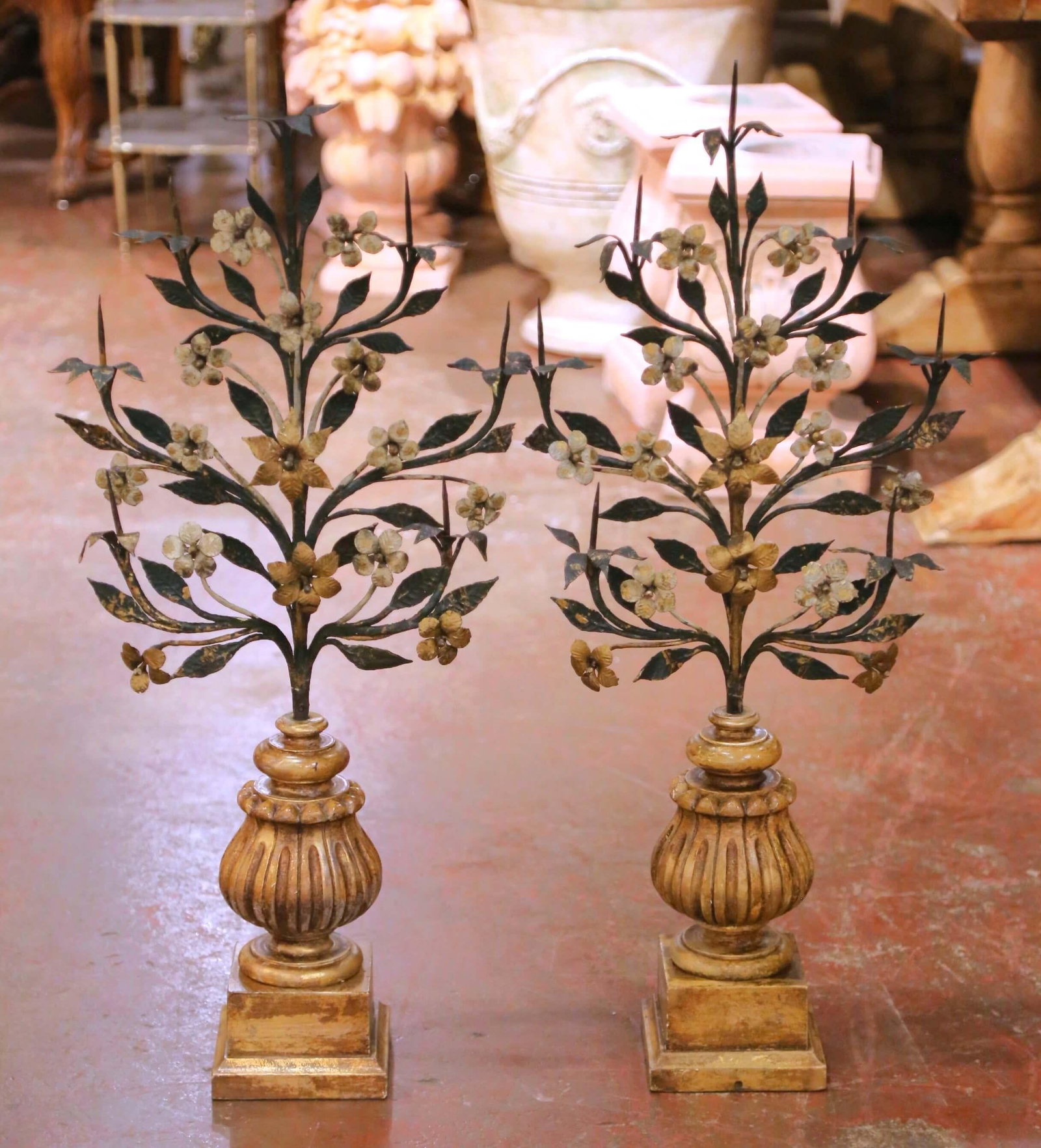 Pair of Mid-Century Italian Giltwood and Wrought Iron Pricket Candle Holders - 2