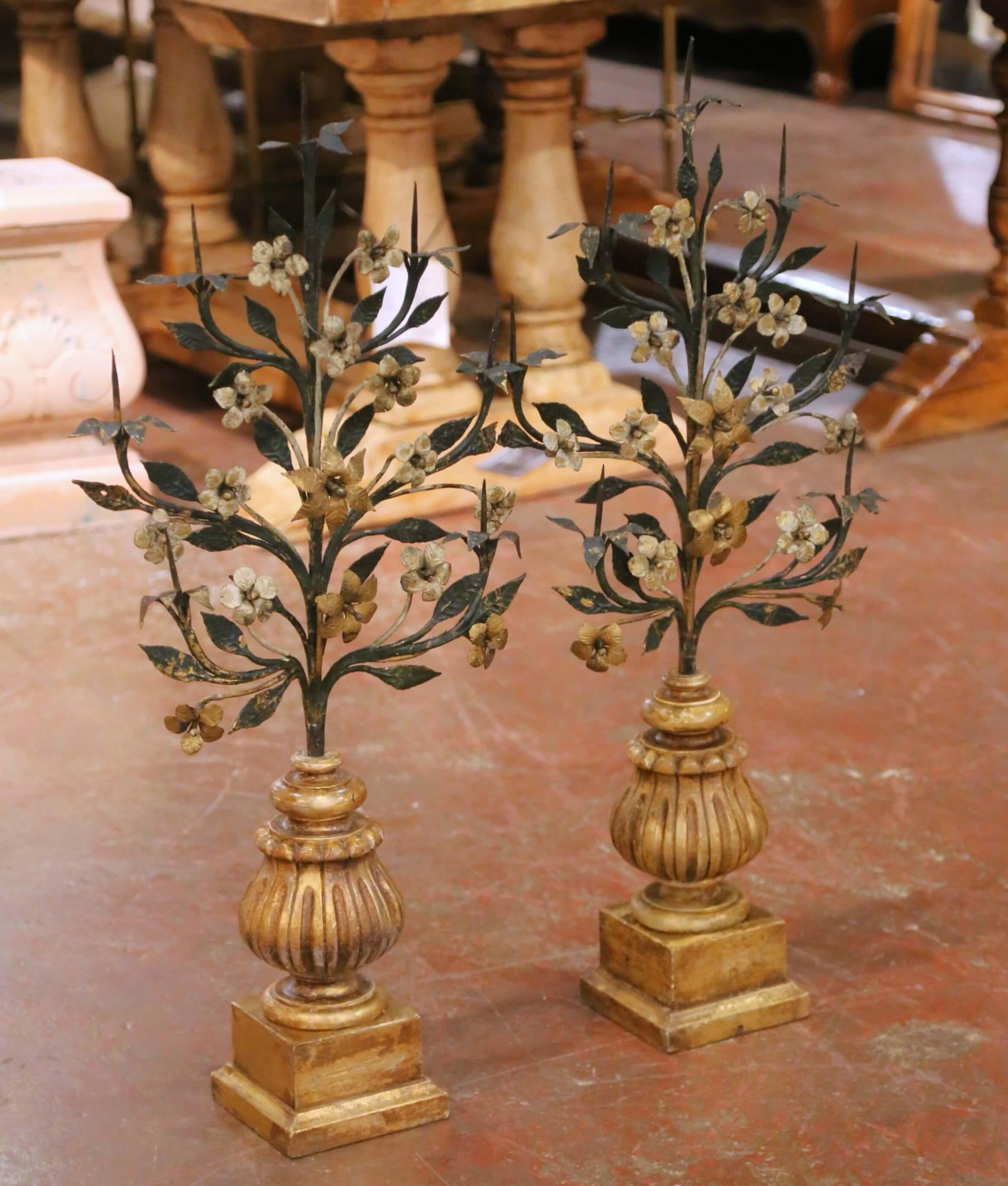 Pair of Mid-Century Italian Giltwood and Wrought Iron Pricket Candle Holders - 3