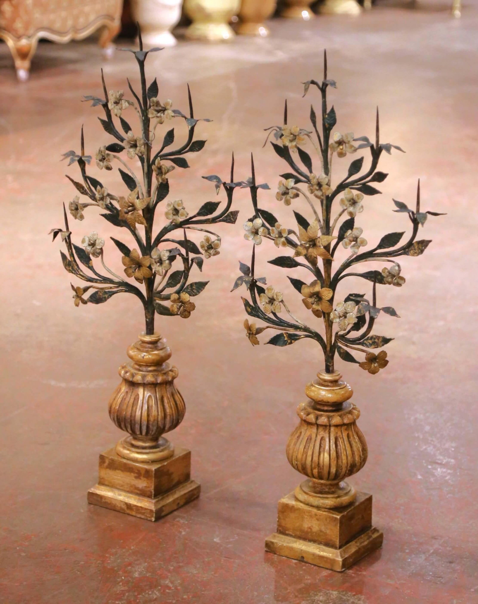 Pair of Mid-Century Italian Giltwood and Wrought Iron Pricket Candle Holders - 6