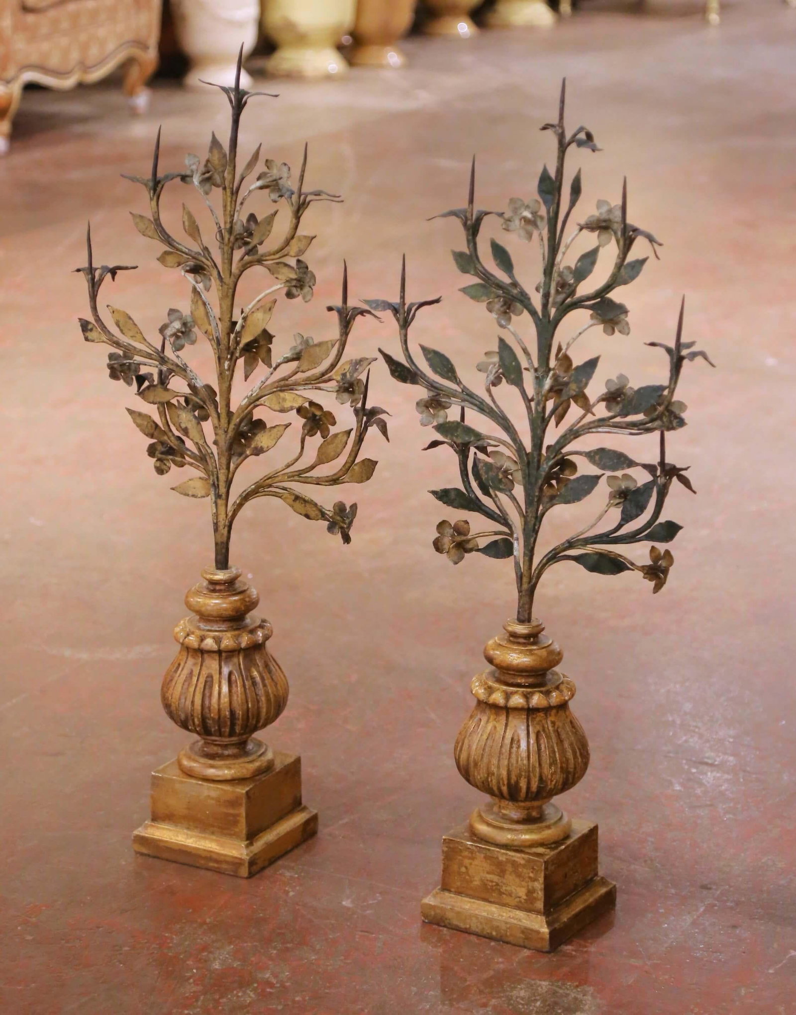 Pair of Mid-Century Italian Giltwood and Wrought Iron Pricket Candle Holders - 9