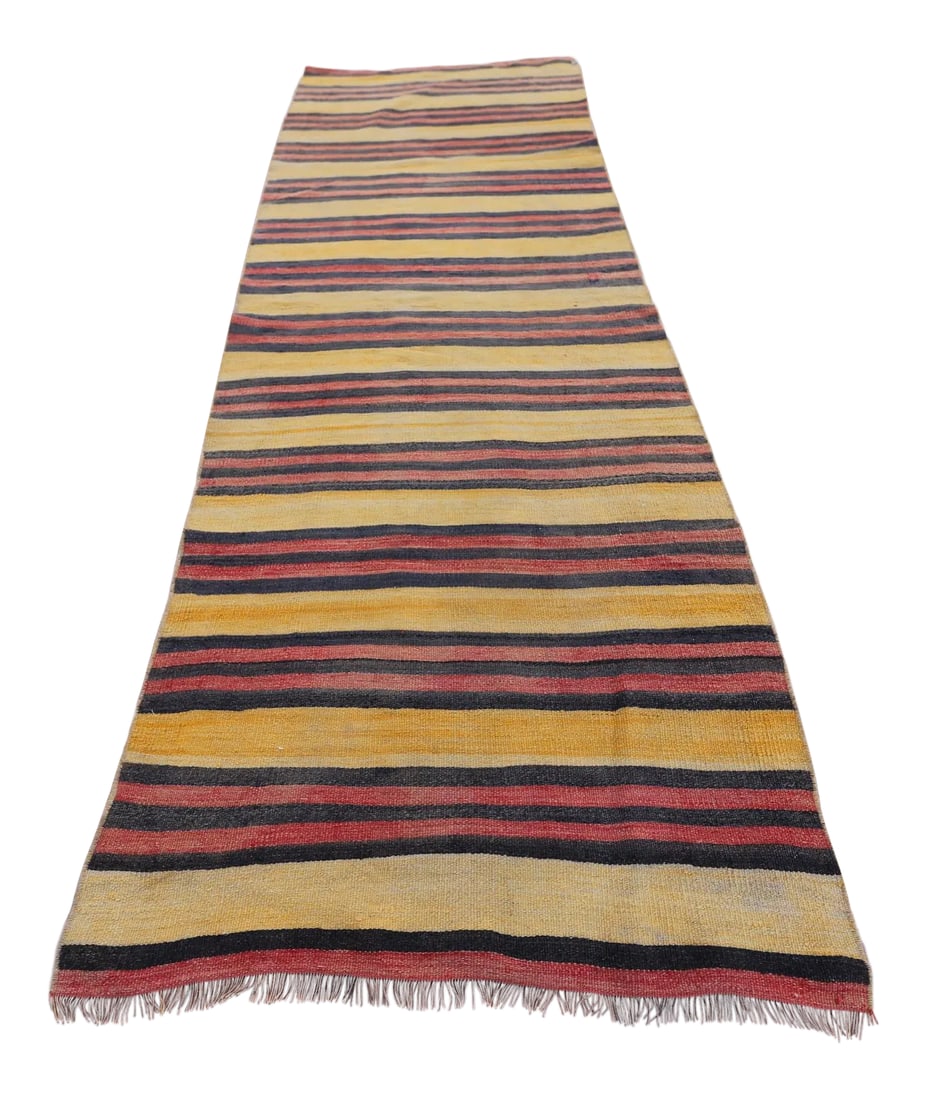 1960s Southwestern Striped Hand Knotted Nomadic Kilim Runner Rug: 1960s Southwestern Striped Hand Knotted Nomadic Kilim Runner Rug Size: 2.9 x 7.7 ft ( 87 x 231 cm) 34 x 91 inches Color: Organic Natural Dye ( Orange,Yellow,Red,Black ) Material: 100% Hand Spun Organi