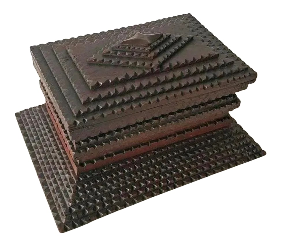 Antique Tramp Art Box With Lift-Up Tray: Very rare, intricate and well preserved tramp art box with lift-up tray in an oxblood red. Well done and an early example dating back to the 1890's. Signature inside. Exquisite example of a craft