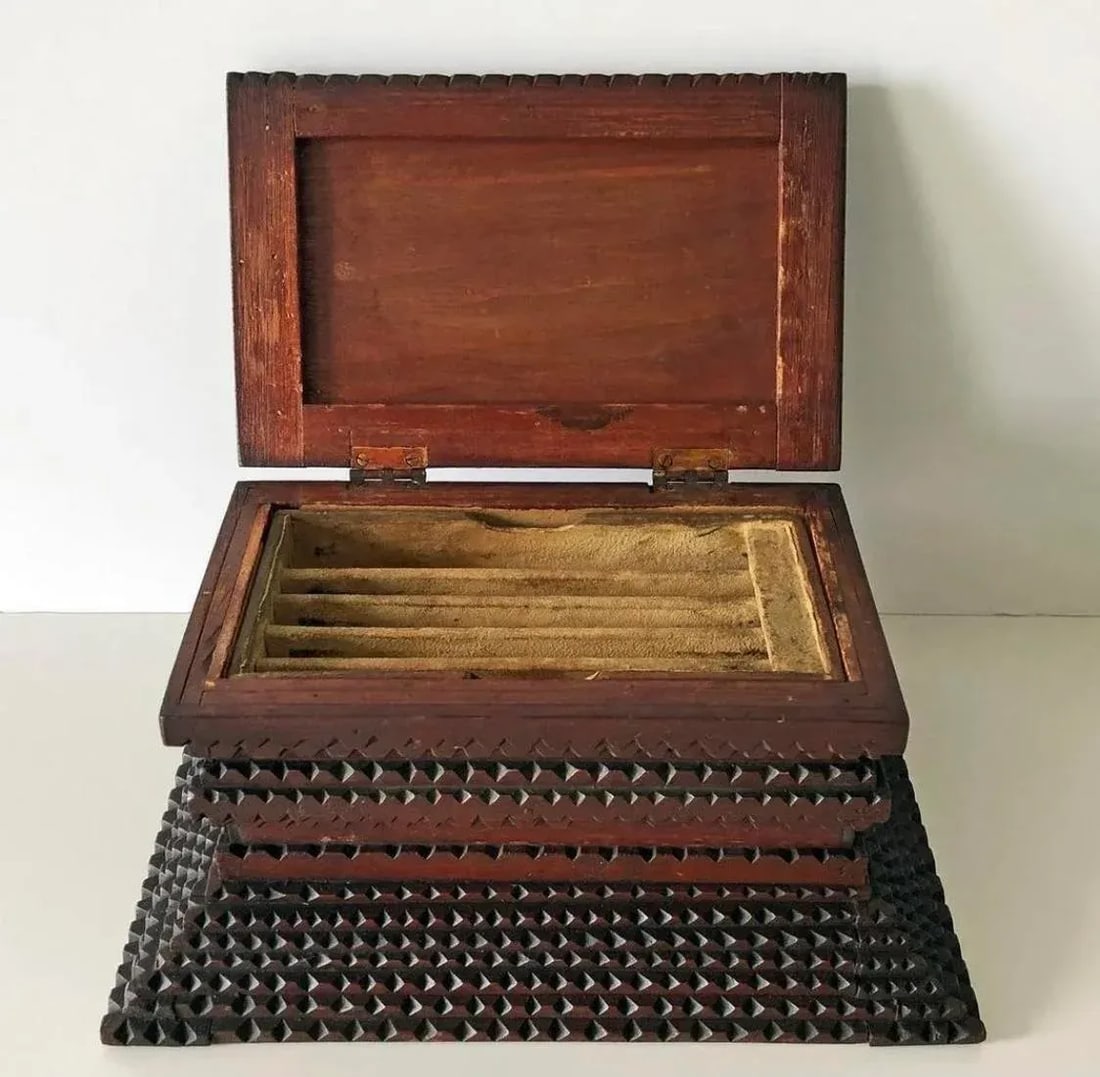 Antique Tramp Art Box With Lift-Up Tray - 2