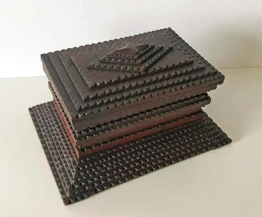 Antique Tramp Art Box With Lift-Up Tray - 4