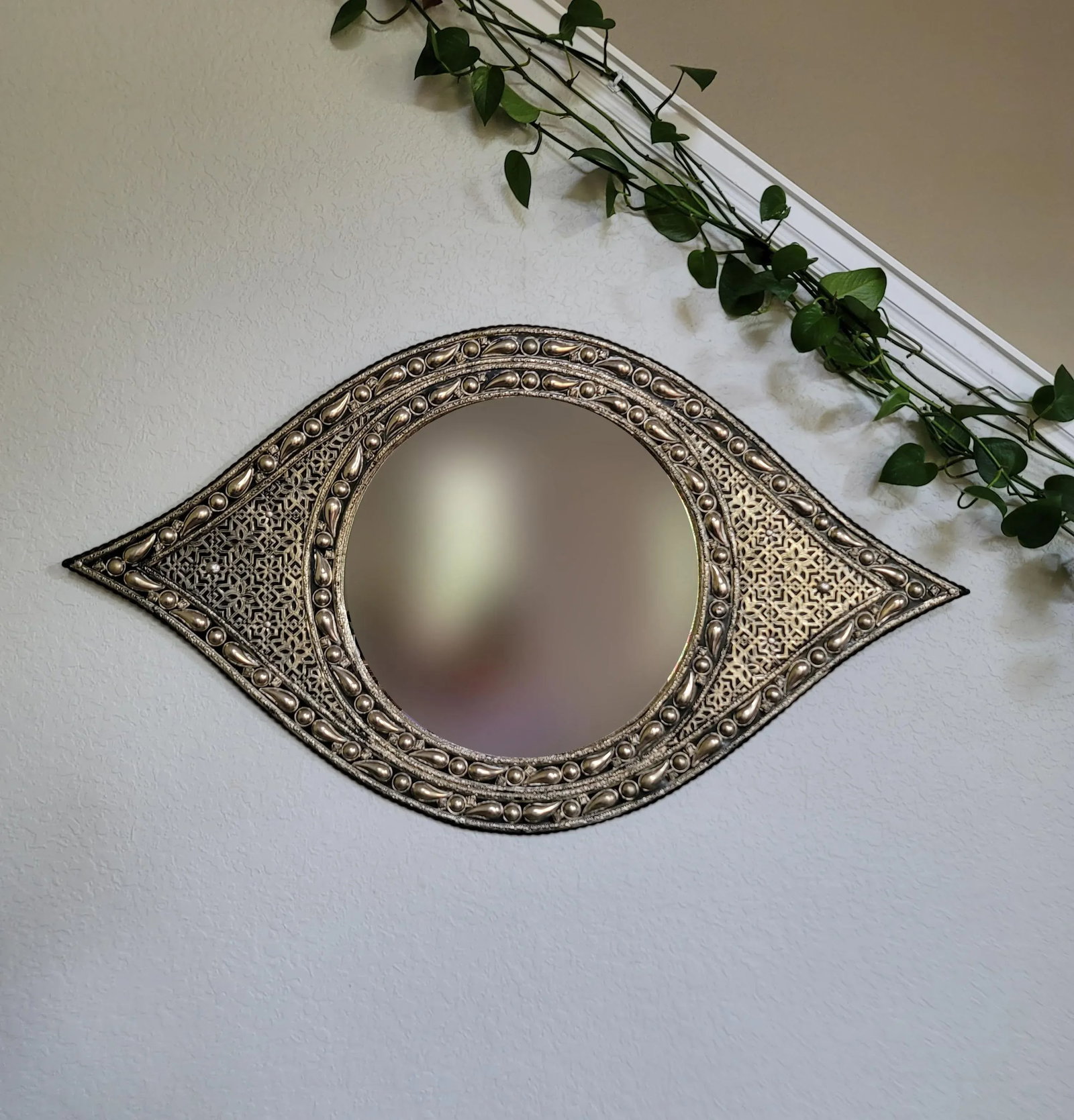 Moroccan Eye Shape Metal Inlaid Mirror - 2