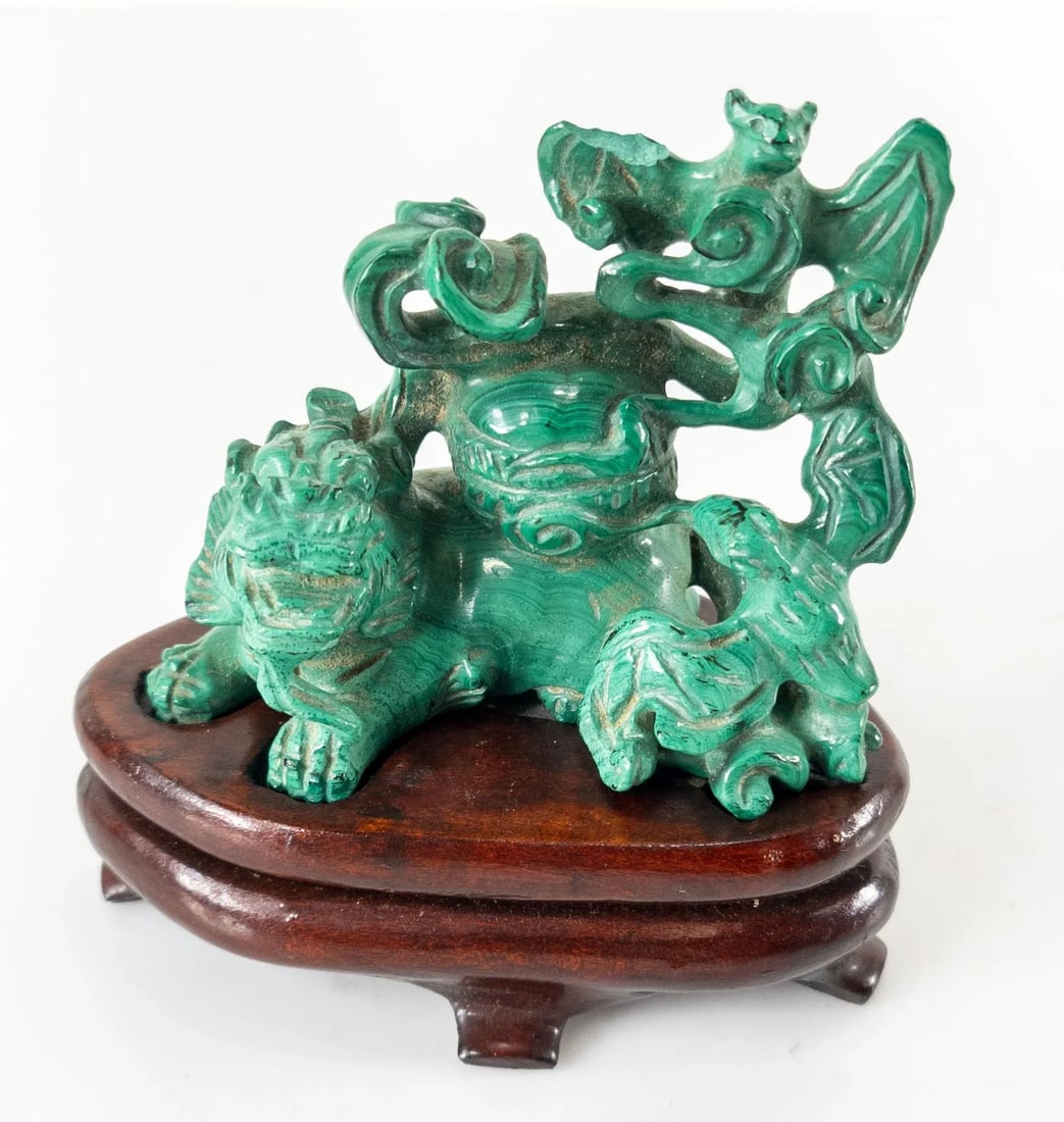 Chinese Carved Malachite Stone Foo Dog With Bats - 11