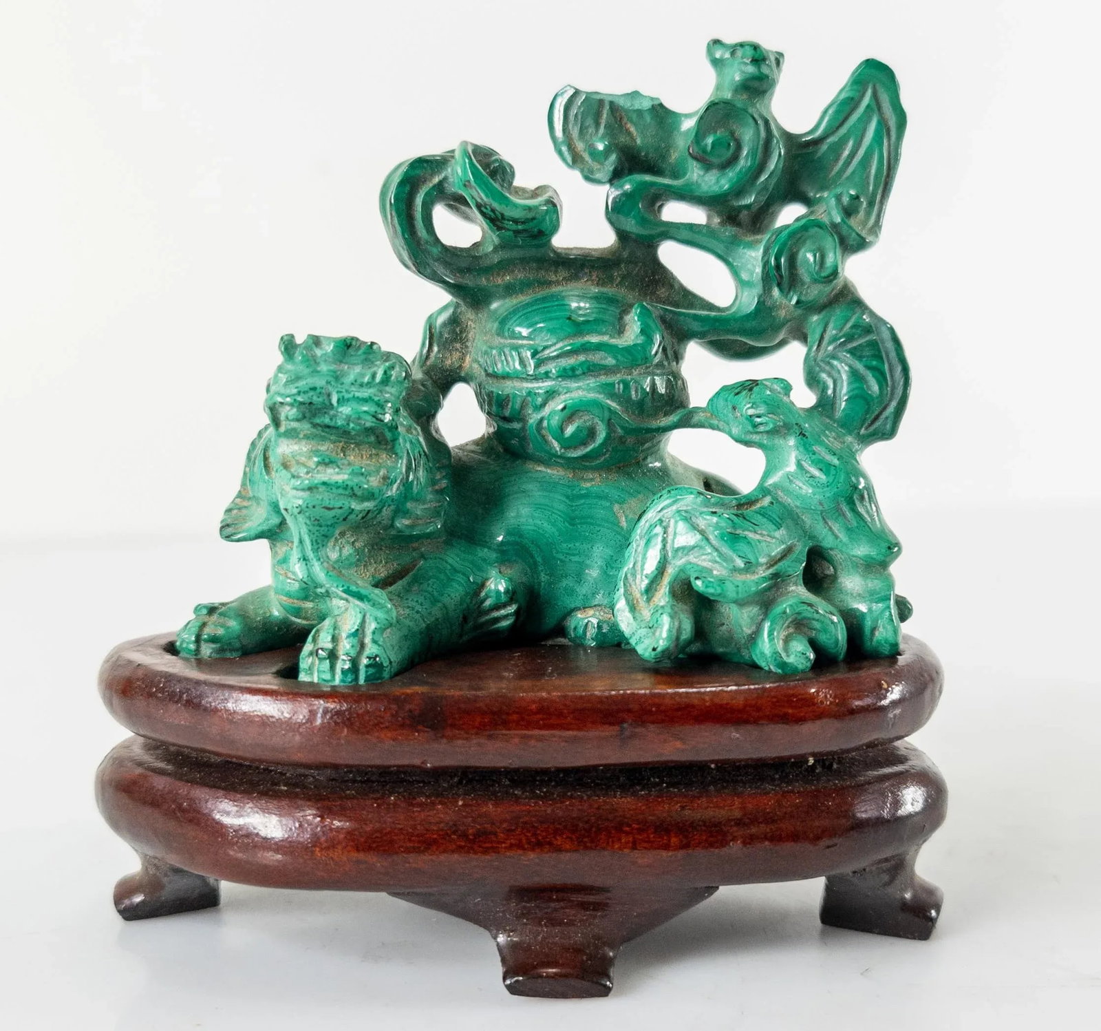 Chinese Carved Malachite Stone Foo Dog With Bats - 2