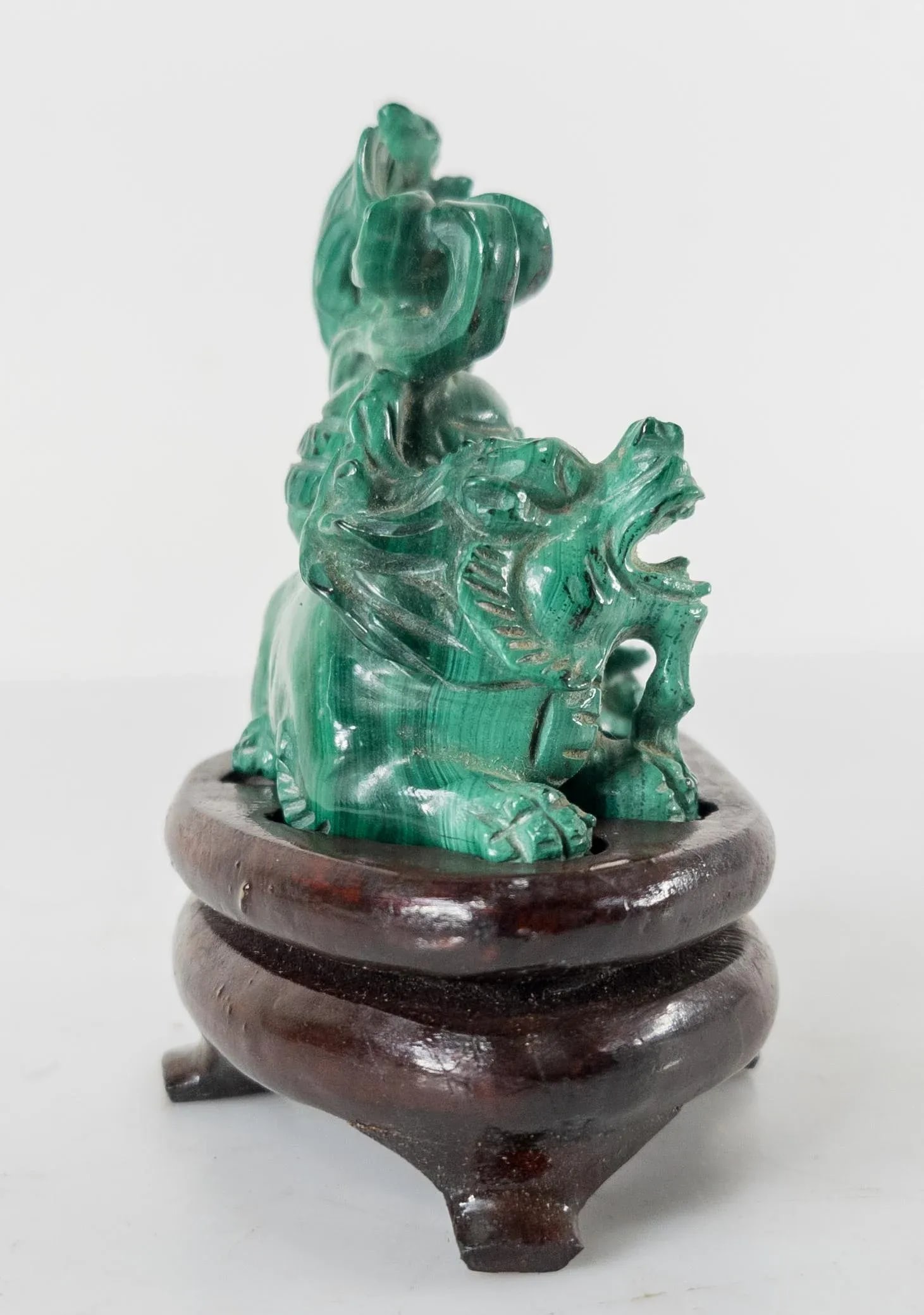 Chinese Carved Malachite Stone Foo Dog With Bats - 3