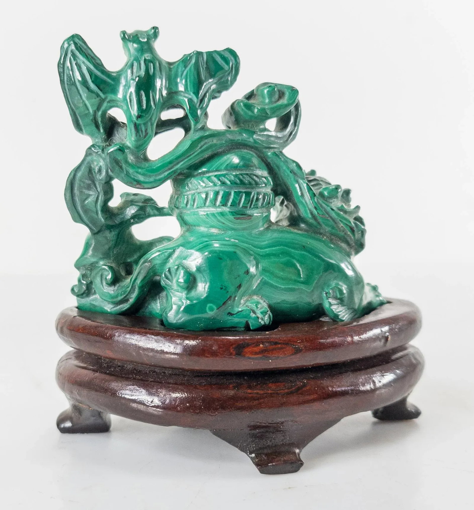 Chinese Carved Malachite Stone Foo Dog With Bats - 4