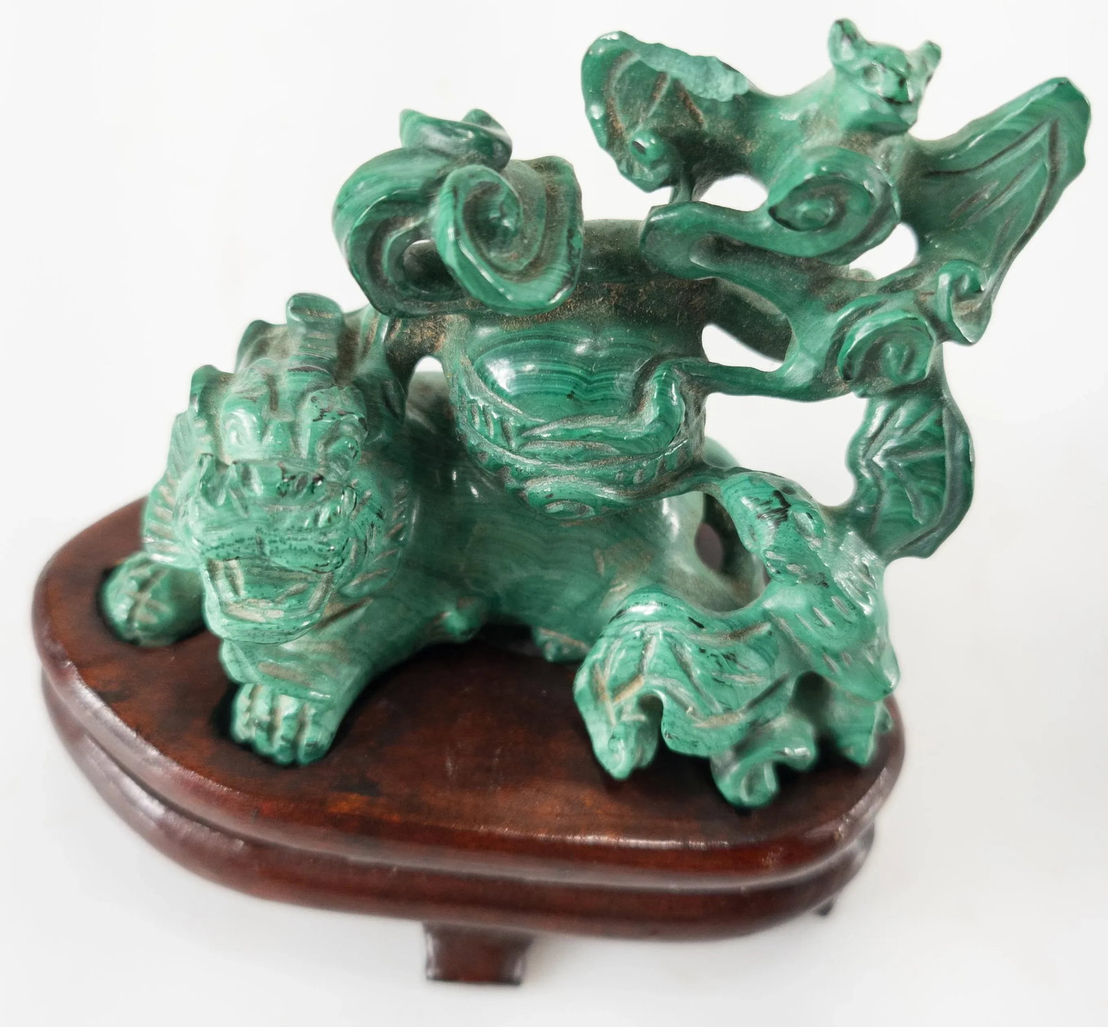 Chinese Carved Malachite Stone Foo Dog With Bats - 6