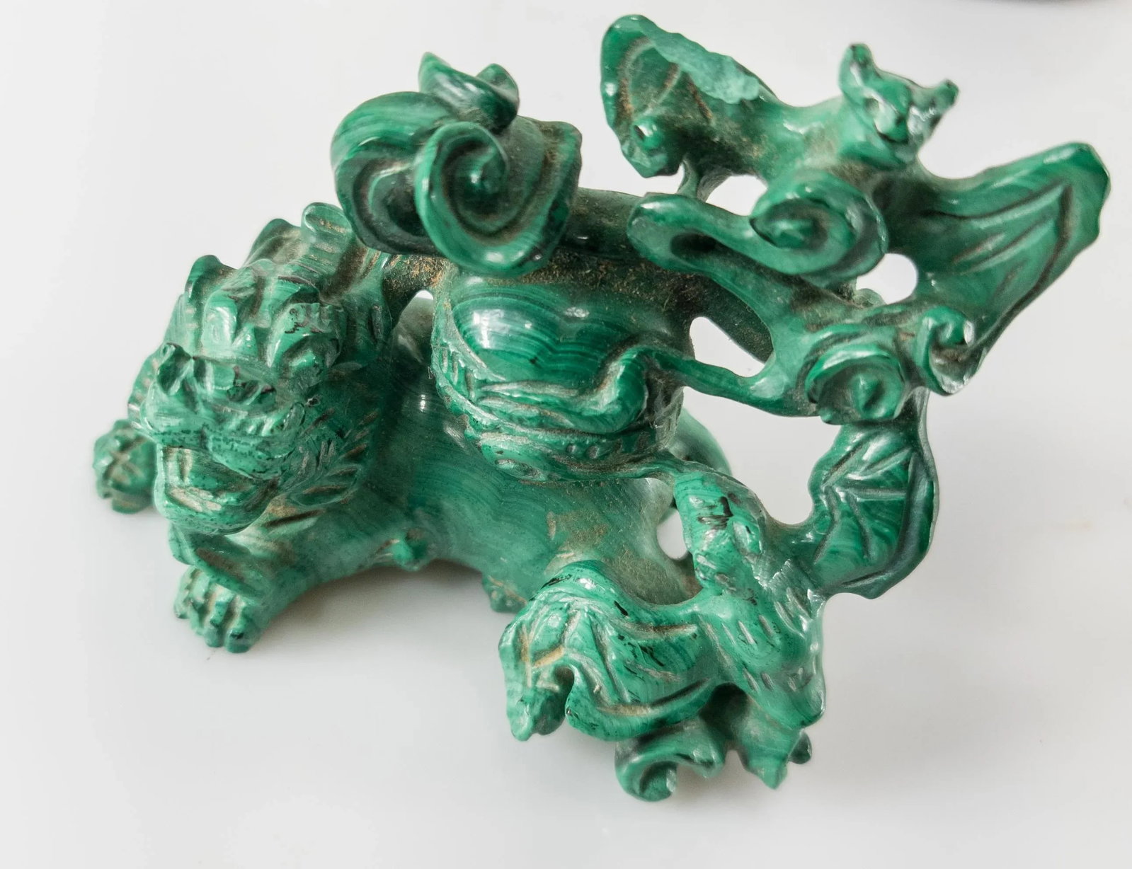 Chinese Carved Malachite Stone Foo Dog With Bats - 7