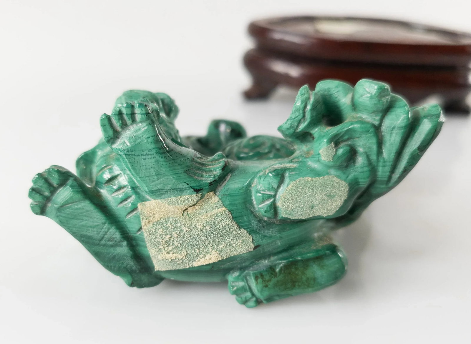 Chinese Carved Malachite Stone Foo Dog With Bats - 8