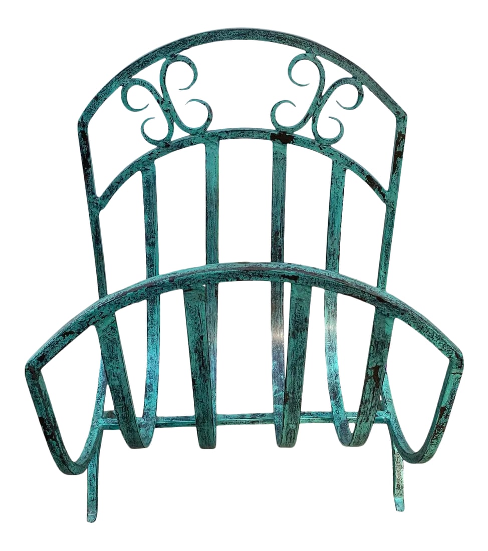 Santa Fe Style Wrought Iron Fireplace Log Holder: Whether you like Southwestern style or just appreciate handsome pieces with graceful curves and lots of character, you'll love this sturdy, wrought iron fireplace log holder in turquoise "verdigris."