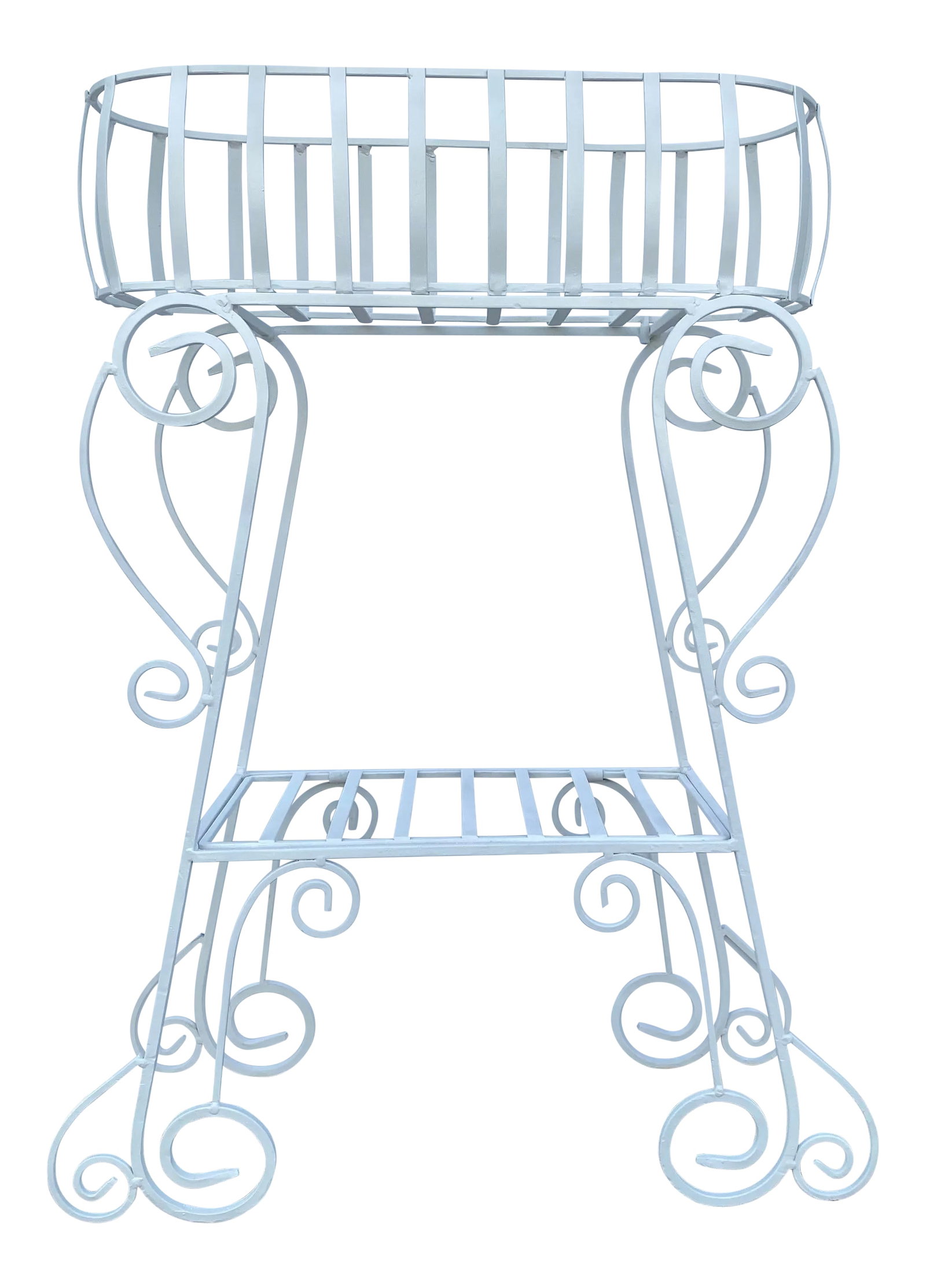 1950s Salterini Style Wrought Iron Plant Stand: Beautiful white 1950's plant stand with detachable basket and hinged bottom shelf. Condition: Alterations: Original Condition Unaltered Imperfections: Some Imperfections Condition Notes: Excellent -