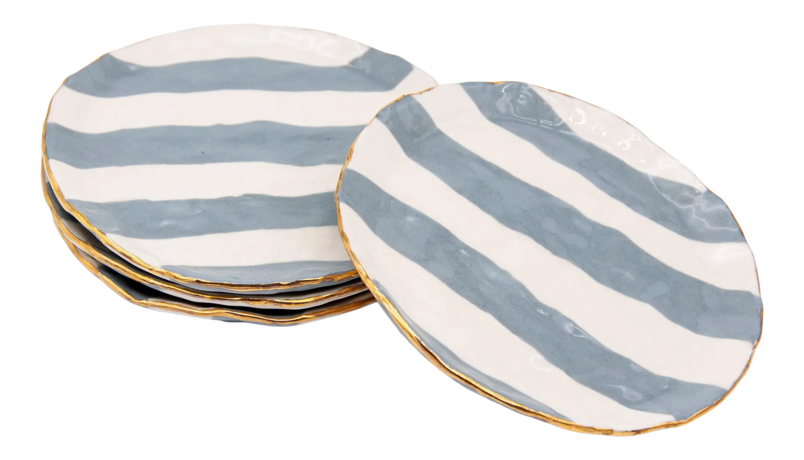 Gray & White Striped Gilt Clay Petit Dishes- Set of 4: Isabel Halley is a 21st-century ceramic artist based in Brooklyn, NY. She handcrafts all her designs making this set of grey and ivory Ribbon Plates with gold trim. Condition: Alterations: Original