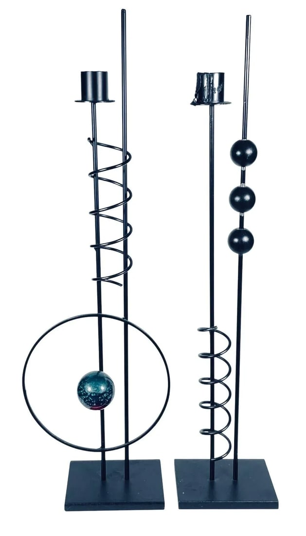 Vintage 90s Rick Martin PostModern Post Modern Pair Memphis Industrial Space Age Candle Holders Sign - 10