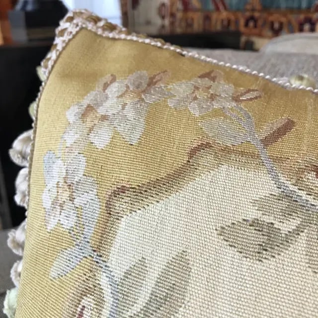 Vintage Silk Pillow With Floral Design on a Yellow Background Accented With Silk Tassel Fringe - 10