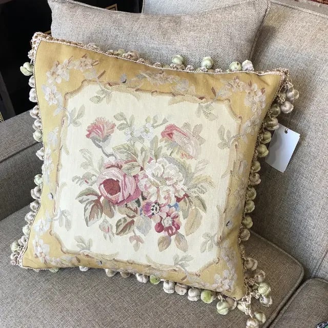 Vintage Silk Pillow With Floral Design on a Yellow Background Accented With Silk Tassel Fringe - 2