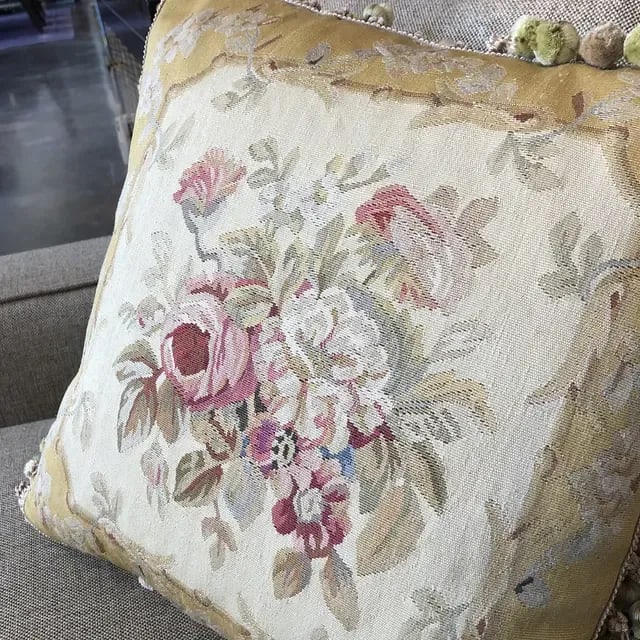Vintage Silk Pillow With Floral Design on a Yellow Background Accented With Silk Tassel Fringe - 3
